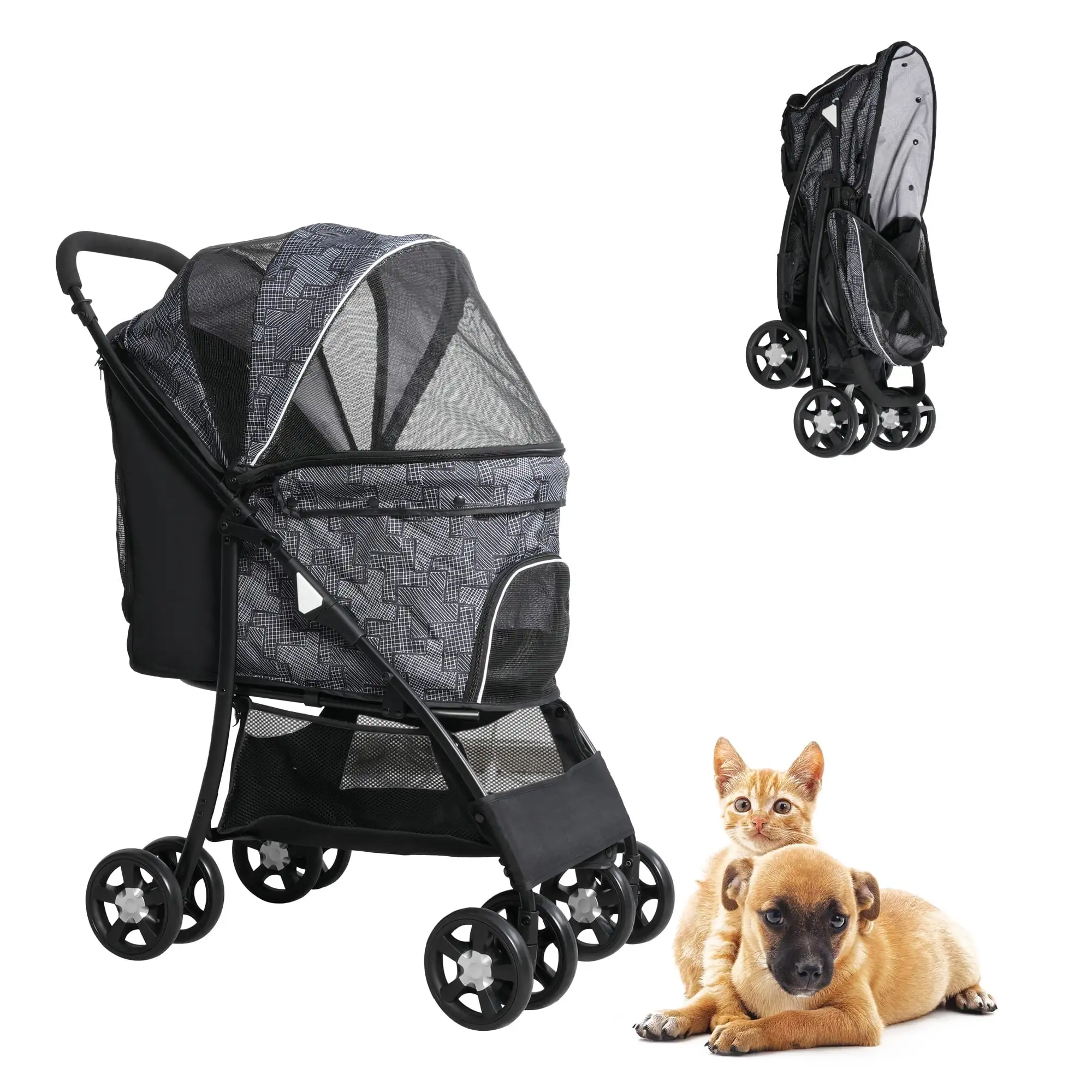 Foldable Pet Stroller Carrier for Small/Medium Dogs & Cats. Lightweight Travel Carriage Trolley with Storage Basket. 4 Wheels Pet Carrier with Breathable Mesh. Black