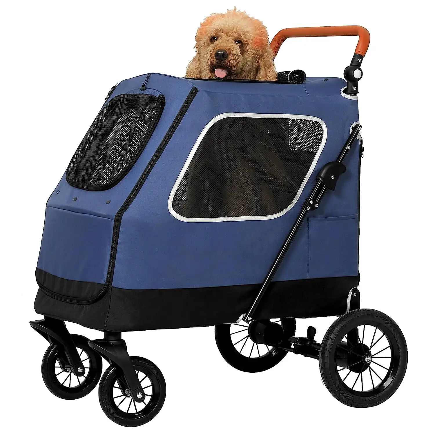 Foldable Pet Stroller with 4 Wheel for Medium/Large Dogs or Cats. Dog Jogger Stroller with Dual Zipper Entry and Adjustable Handle. Blue