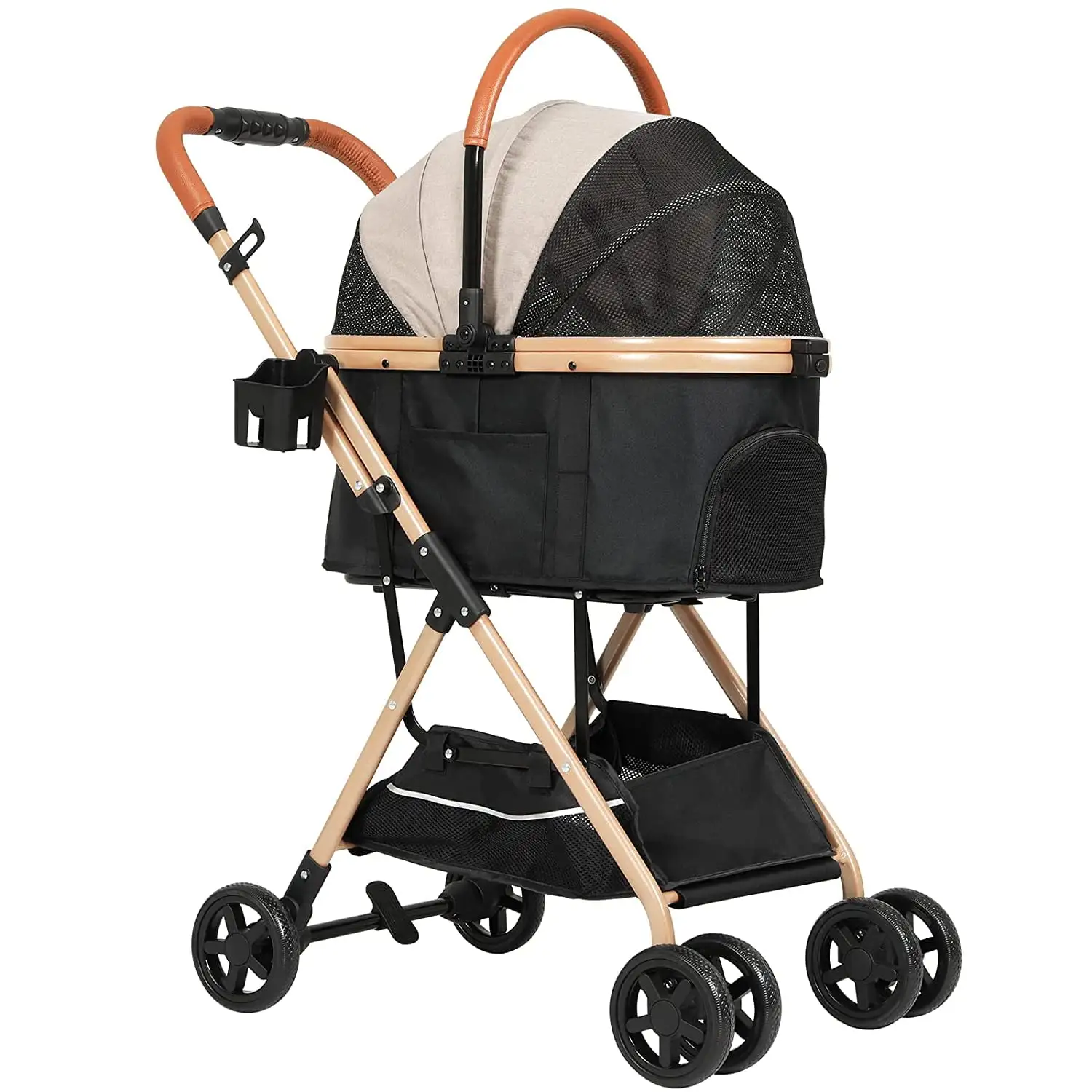 Foldable Pet Stroller with Detachable Carrier. 3-in-1 Travel Jogging Strolling Cart for Dogs Cats. Khaki