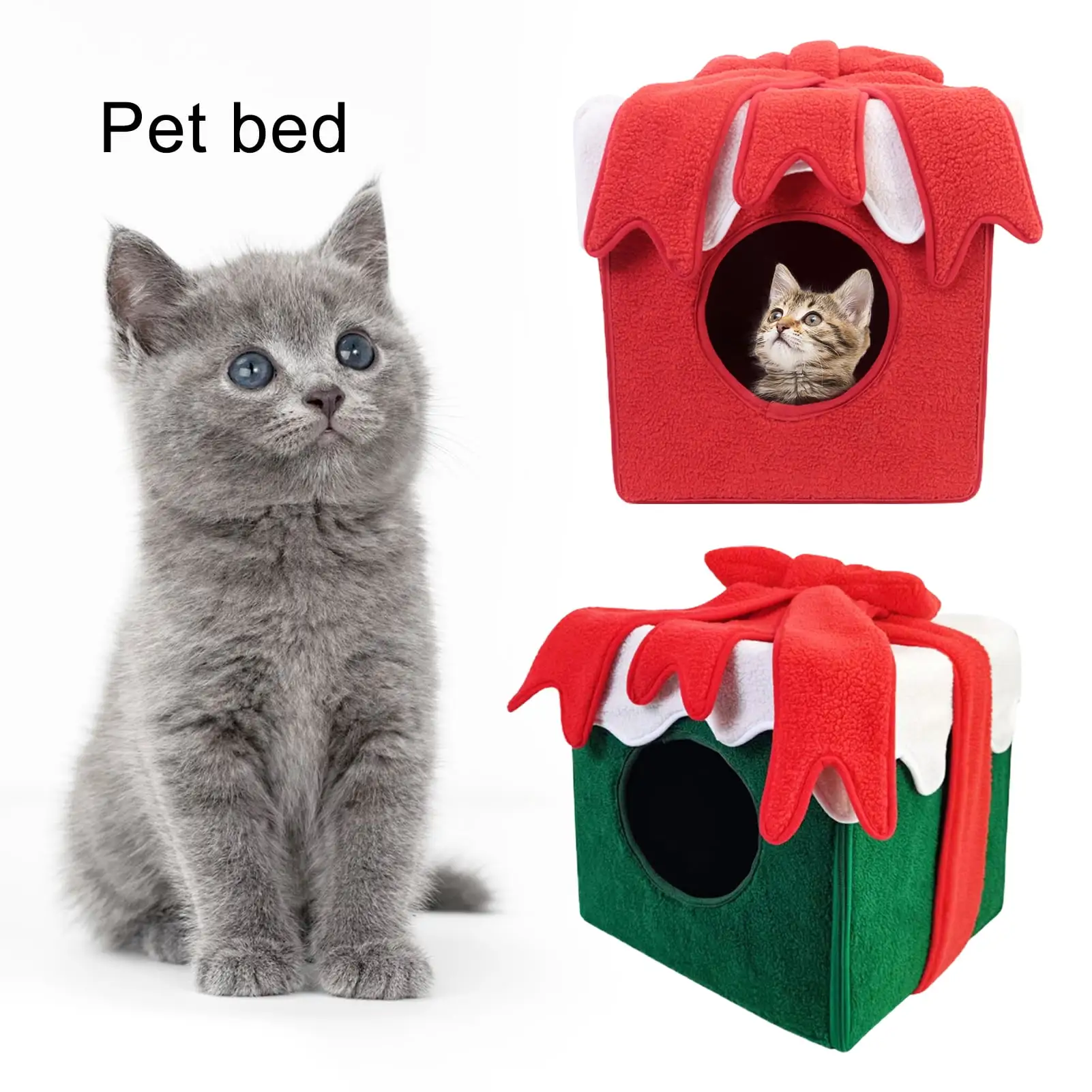 Foldable Puppy Kennel Christmas Gift Box. Square Large Space Dual-use. Keep Warmth. Flannel Cute Cats Cage Nest. Cave for Autumn