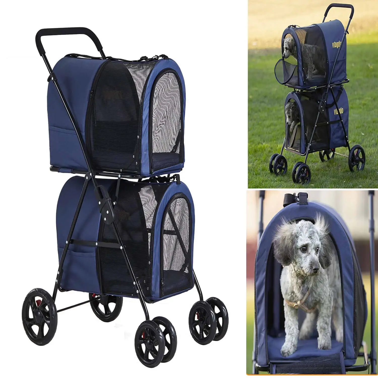 Folding Double Pet Stroller.4 Wheels Travel Stroller for Small Medium 2 Dogs & Cats.Navy Blue