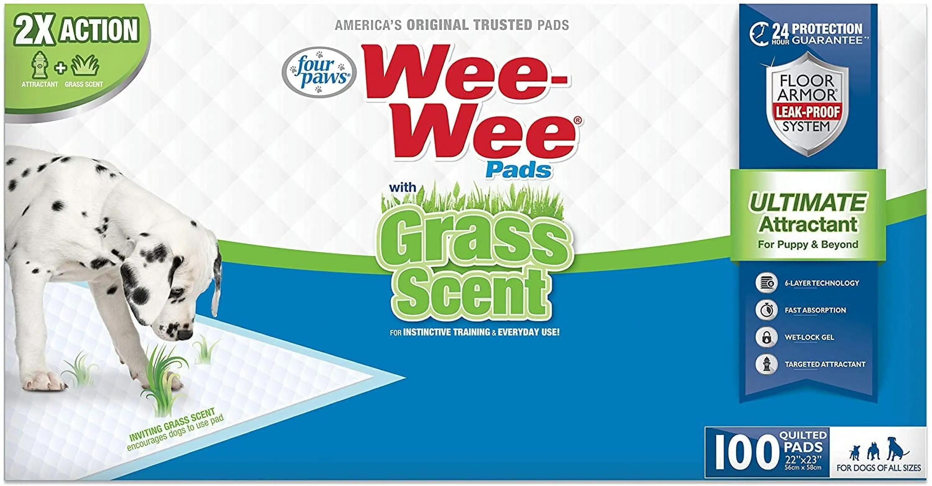 Four Paws Wee-Wee Grass Scented Potty Training Dog & Puppy Pads. Pet Pee Pads. 100ct