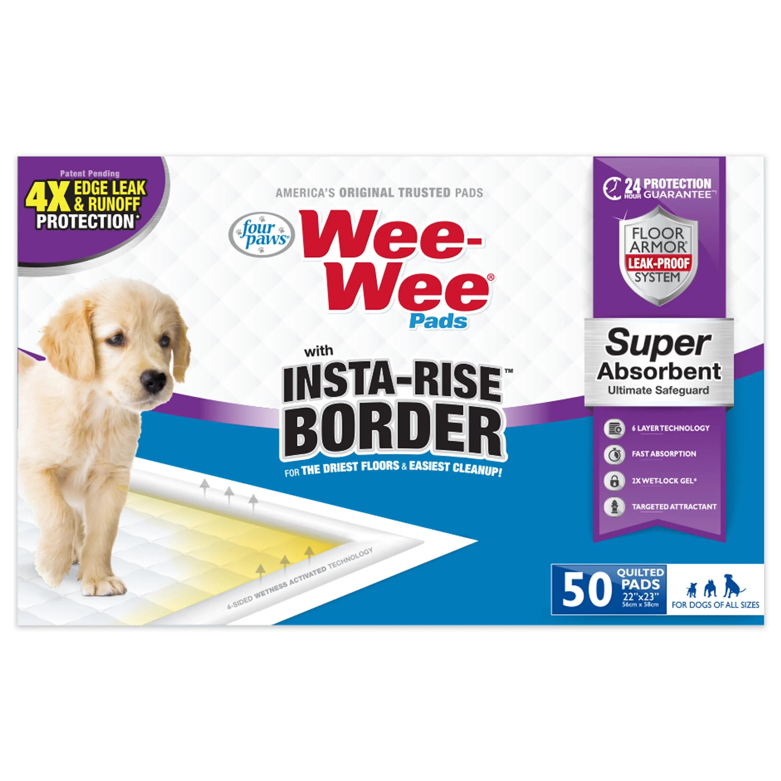 Four Paws Wee-Wee Insta-Rise Border Potty Training Dog & Puppy Pads. Pet Pee Pads. 50ct