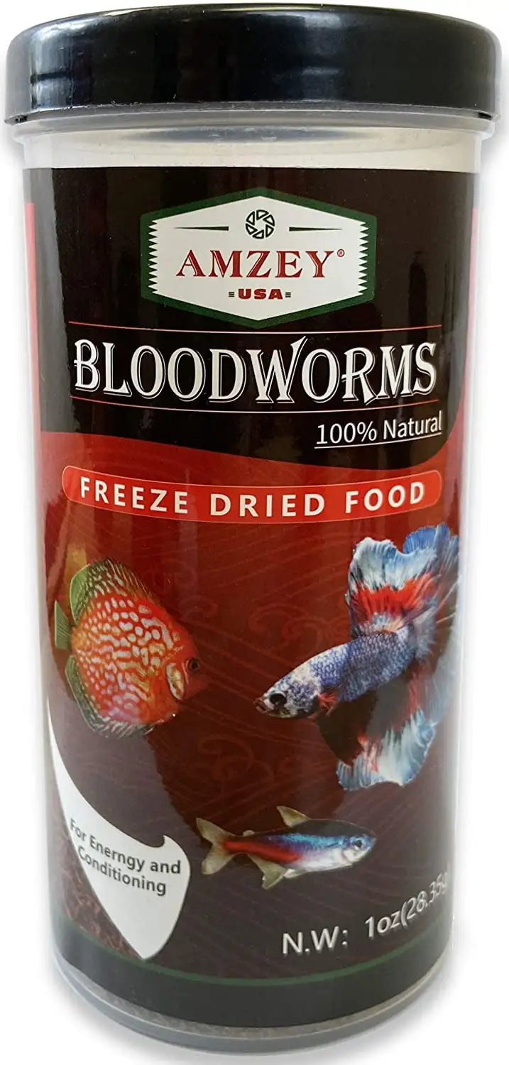 Freeze Dried Bloodworm 1 oz. 100% Natural Freeze Dried Blood Worms - Aquarium Fish Food - High Protein Food for Betta Fish. Goldfish. Cichlid. Guppy. Discus. Turtle