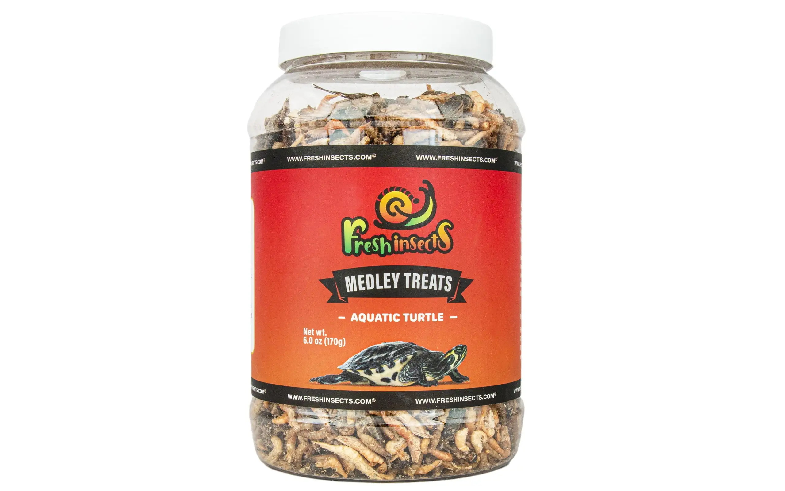 Freshinsects Aquatic Turtle Medley Treat Food. Freeze Dried River Shrimp. Mealworms and Crickets. Vitamin Enriched. Essential Proteins. Fats and Minerals for Turtles. Bearded Dragons. Geckos. Lizards