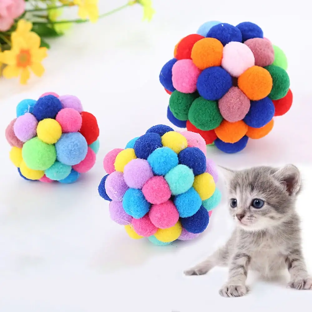 Fridja Cat Toys Ball Handmade Colorful Plush Bouncy Ball with Catnip Interactive Bell Toys for Cats Kitten Training Playing Chewing