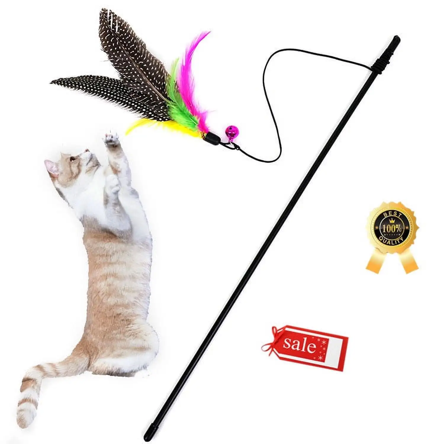 Fridja Feather Teaser Cat Toy - 1 Pcs Retractable Cat Toys Wand Assorted Feathers Birds Worms Catcher with Bell. Interactive Teaser and Funny Exercise for Kitten Cats