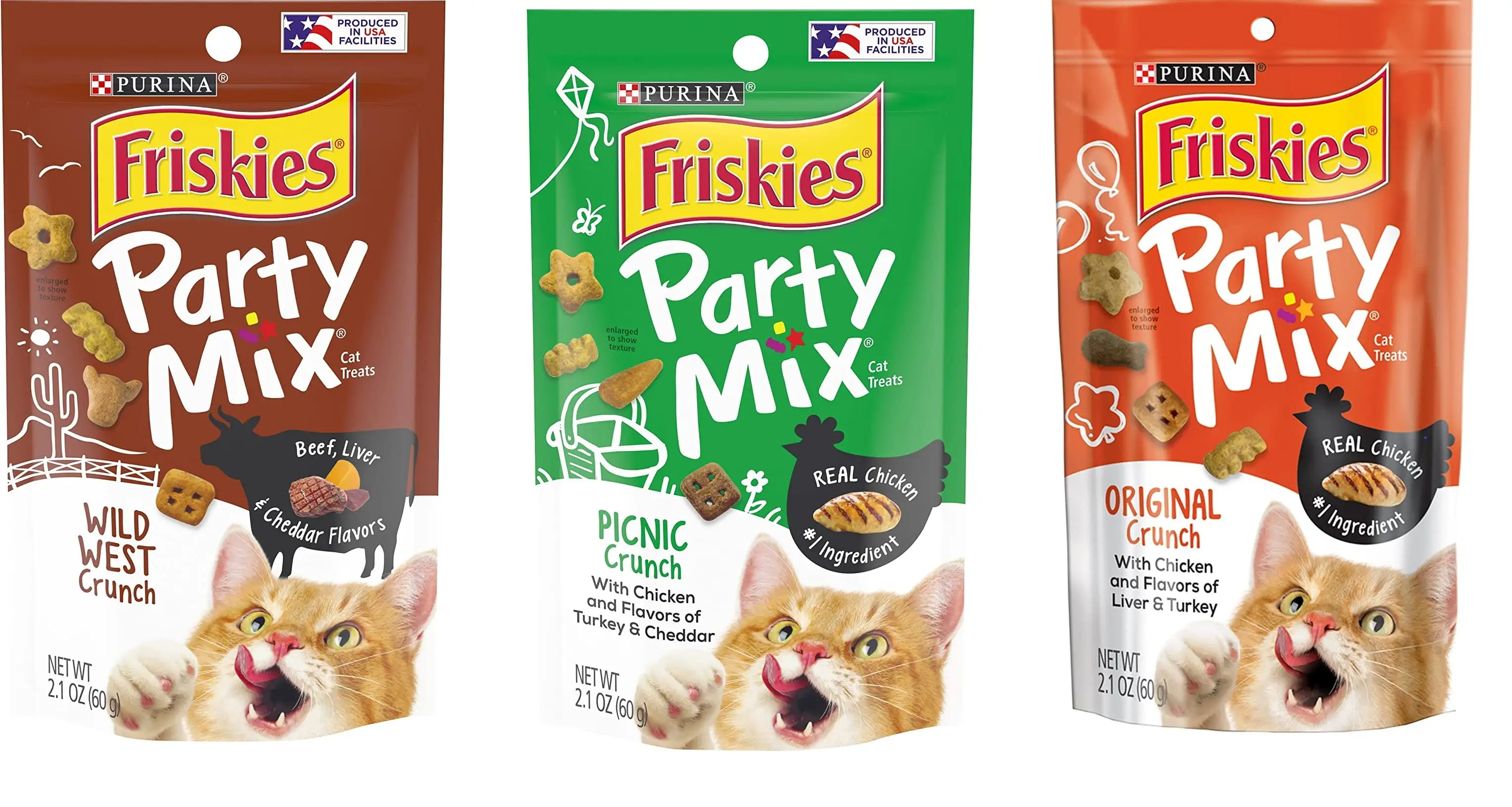 Friskies Cat Treat Party Mix Love Pack 2.1 oz (Original Crunch (Chicken. Liver & Turkey). Wild West (Beef. Liver & Cheddar).Picnic (Chicken. Turkey & Cheddar Flavors) )