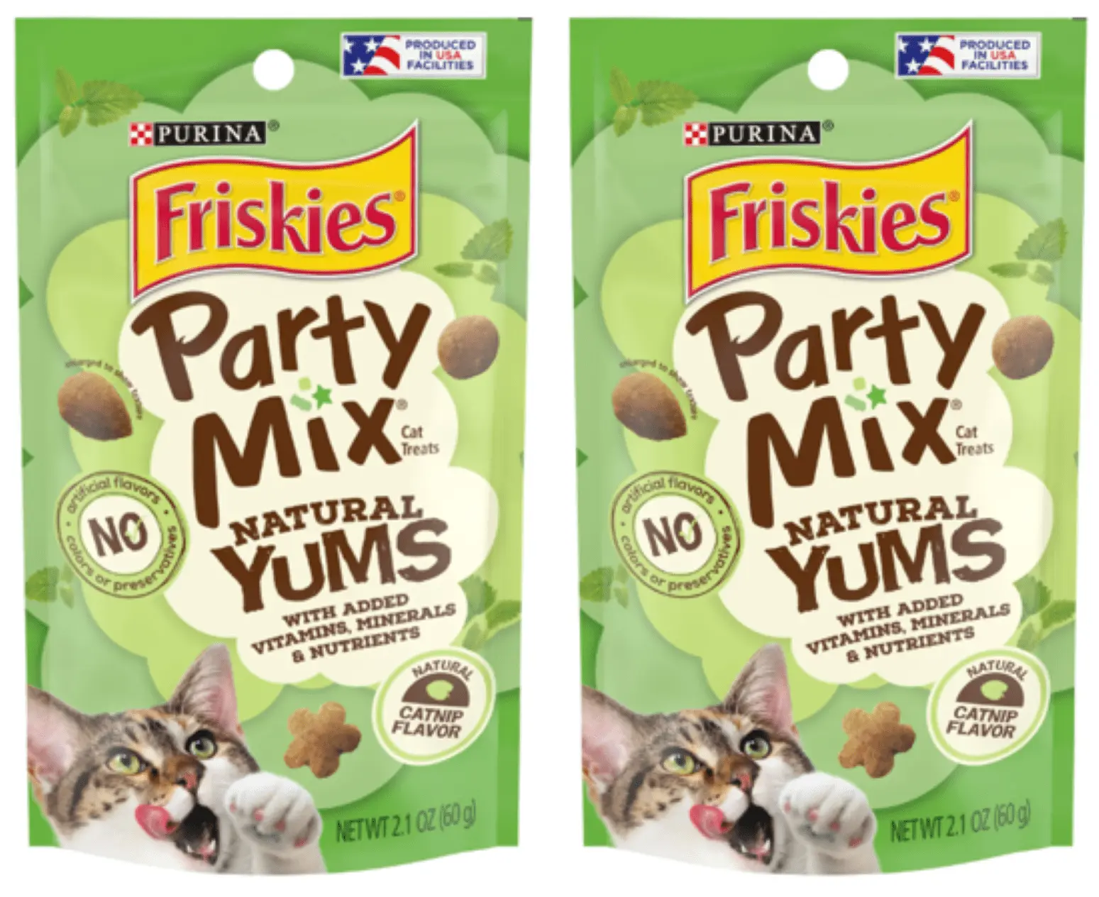 Friskies . Natural Cat Treats. Party Mix Natural Yums Catnip Flavor. 2.1 oz. Pouch- Pack of 2