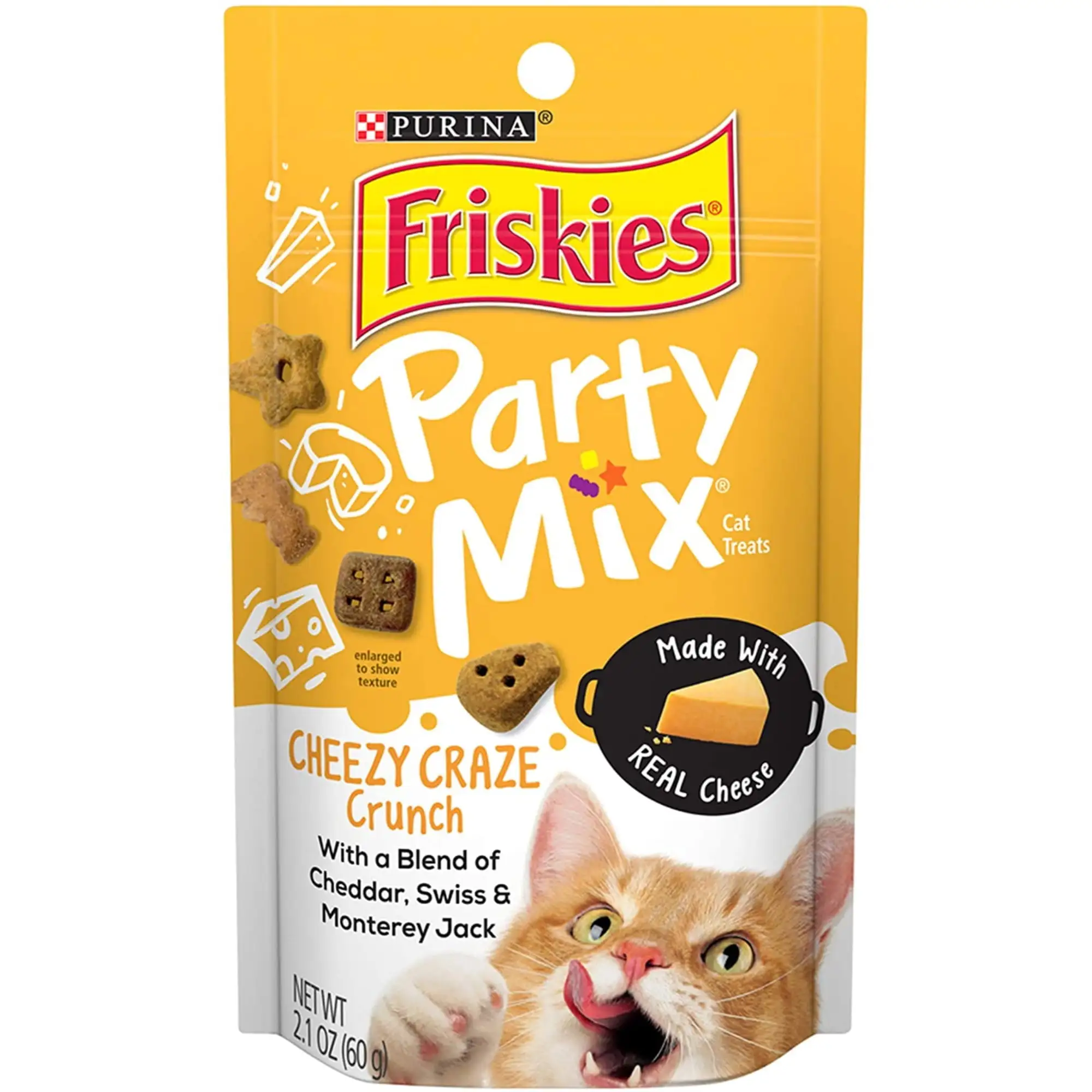 Friskies Party Mix Cheezy Craze Crunch with a Blend of Cheddar. Swiss and Monterey Jack Cat Treats