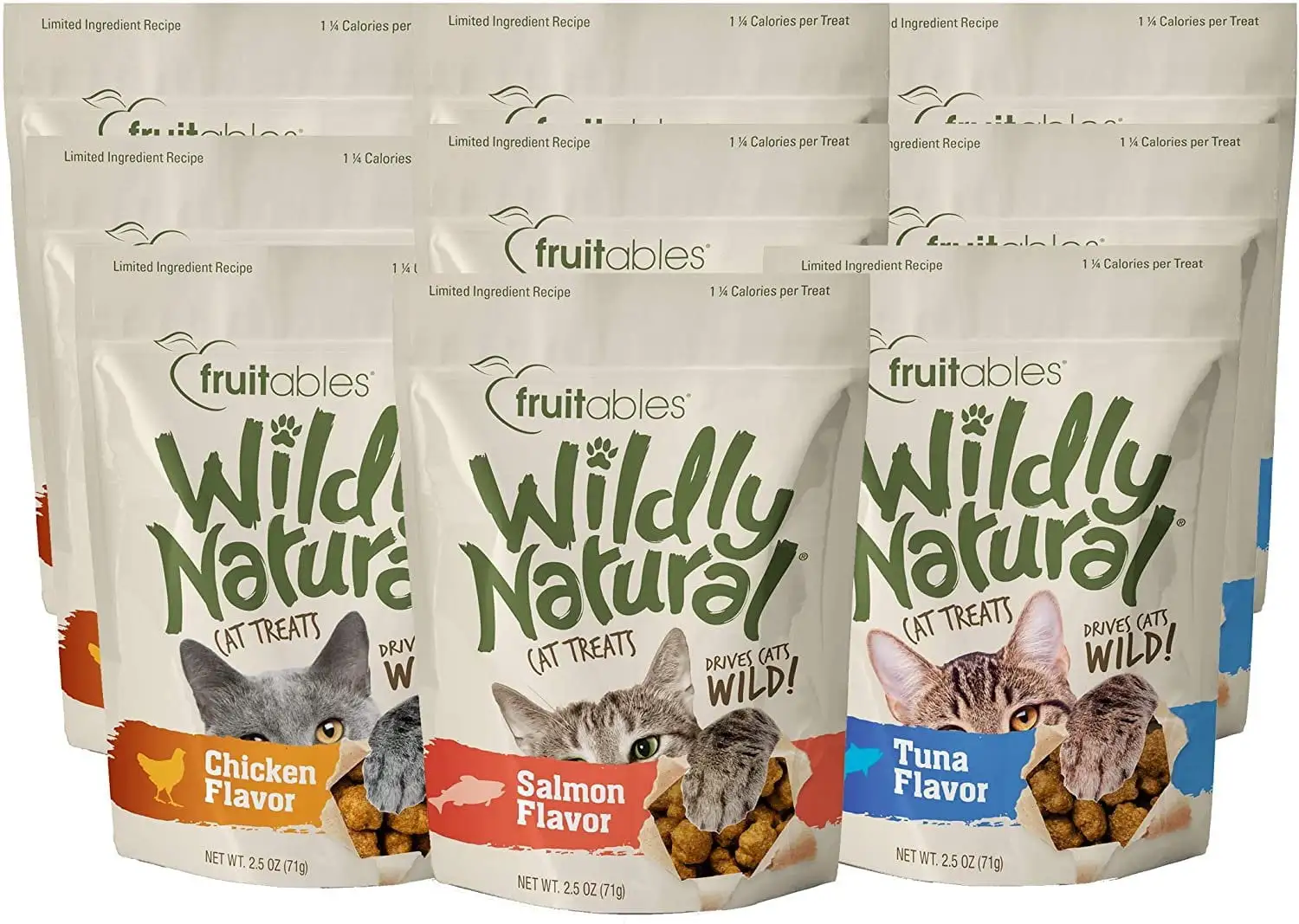 Fruitables Wildly Natural Cat Treat Variety Pack with Chicken. Tuna and Salmon. 2.5 Ounce Bags