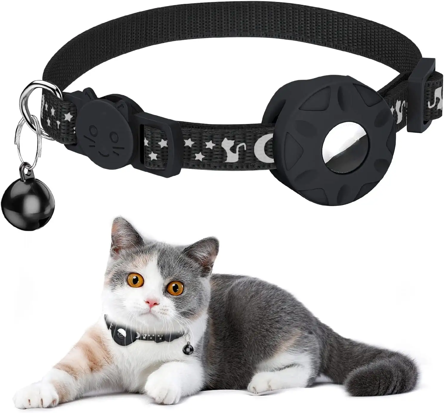 Frusde Airtag Cat Collar. Refective Collar with Bell Safety Buckle GPS Collar with AirTag Holder for Cat Kitten Puppy-Black