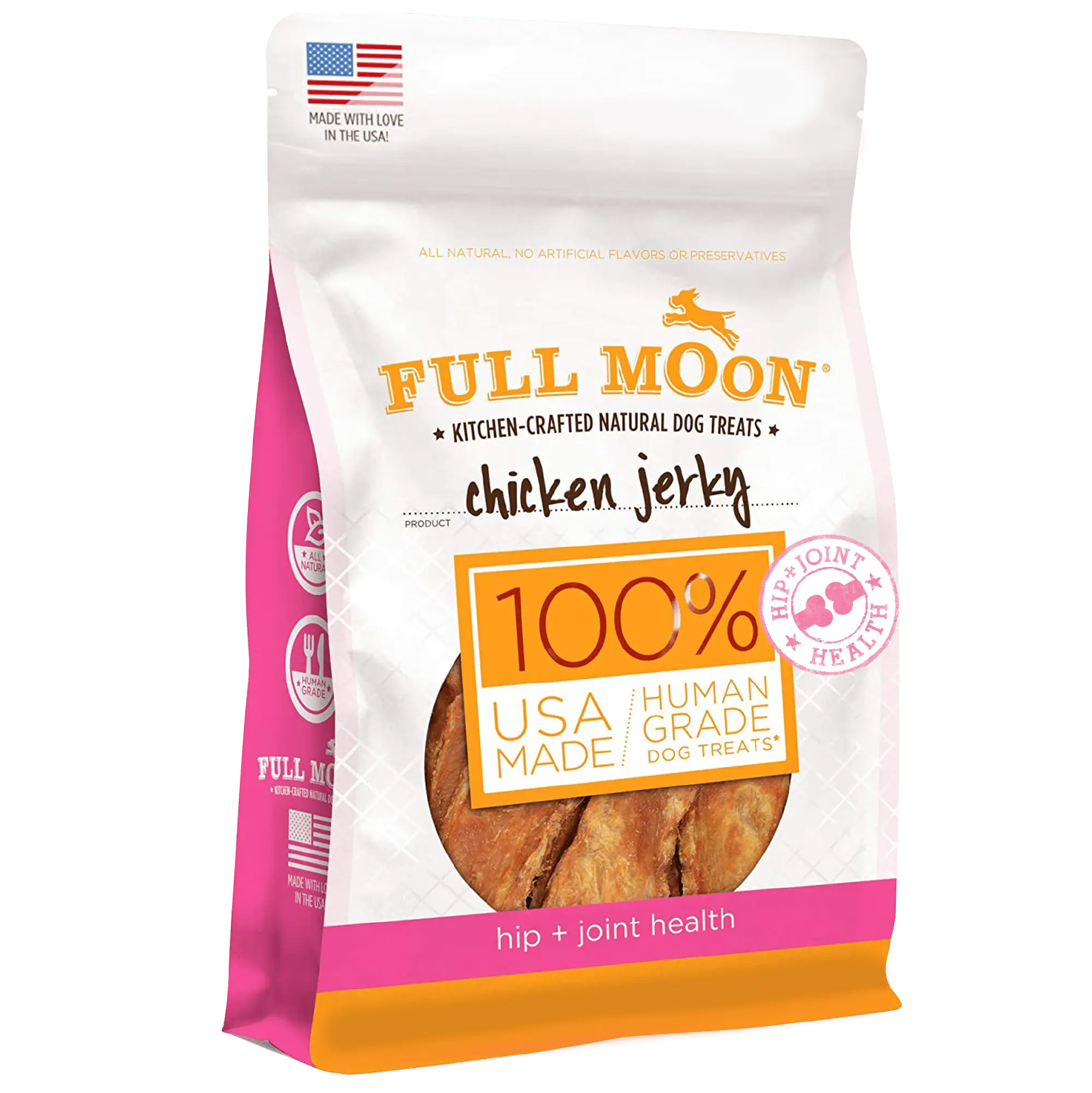 Full Moon All Natural Human Grade Dog Treats for Hip & Joint Health. Chicken Jerky. 12 Oz.