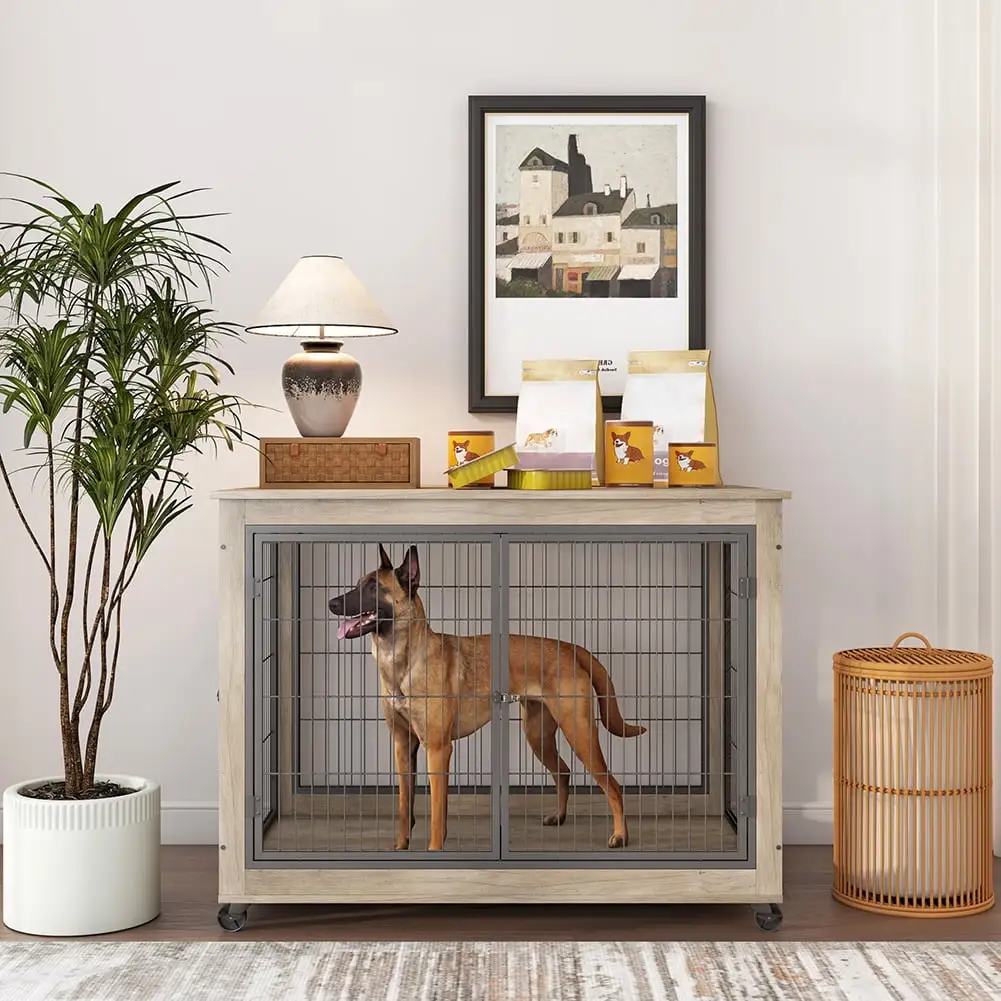 Fulvari 43.7'' Dog Crate Furniture On Wheels Indoor Dog Kennel Side Table With Double Doors Lift Top For Home Bedroom Living Room