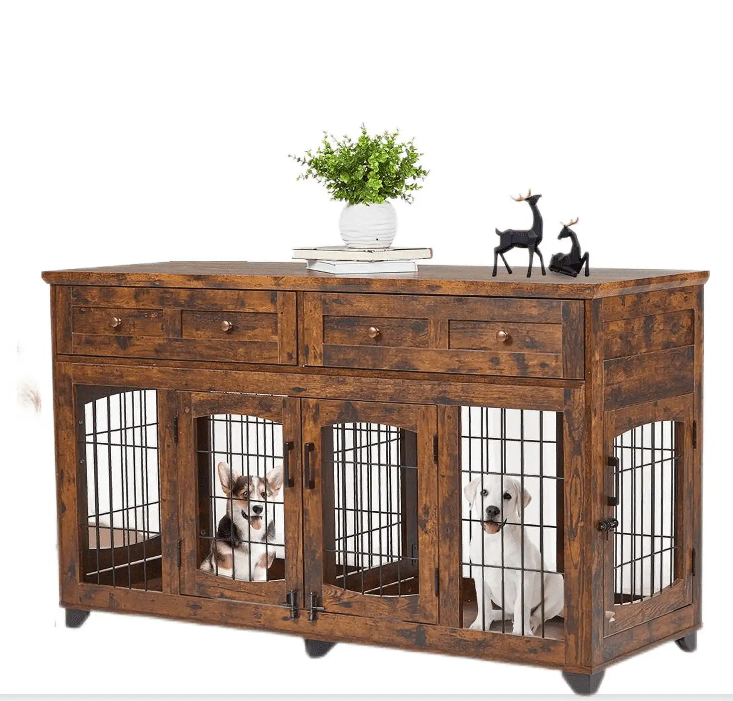 Fulvari Dog Crate Furniture.58 Large Wooden Dog Kennel Furniture with 2 Drawers.5-Doors.2 Room Openable Divider.for Medium Large Dogs.Dog Cage TV Stand