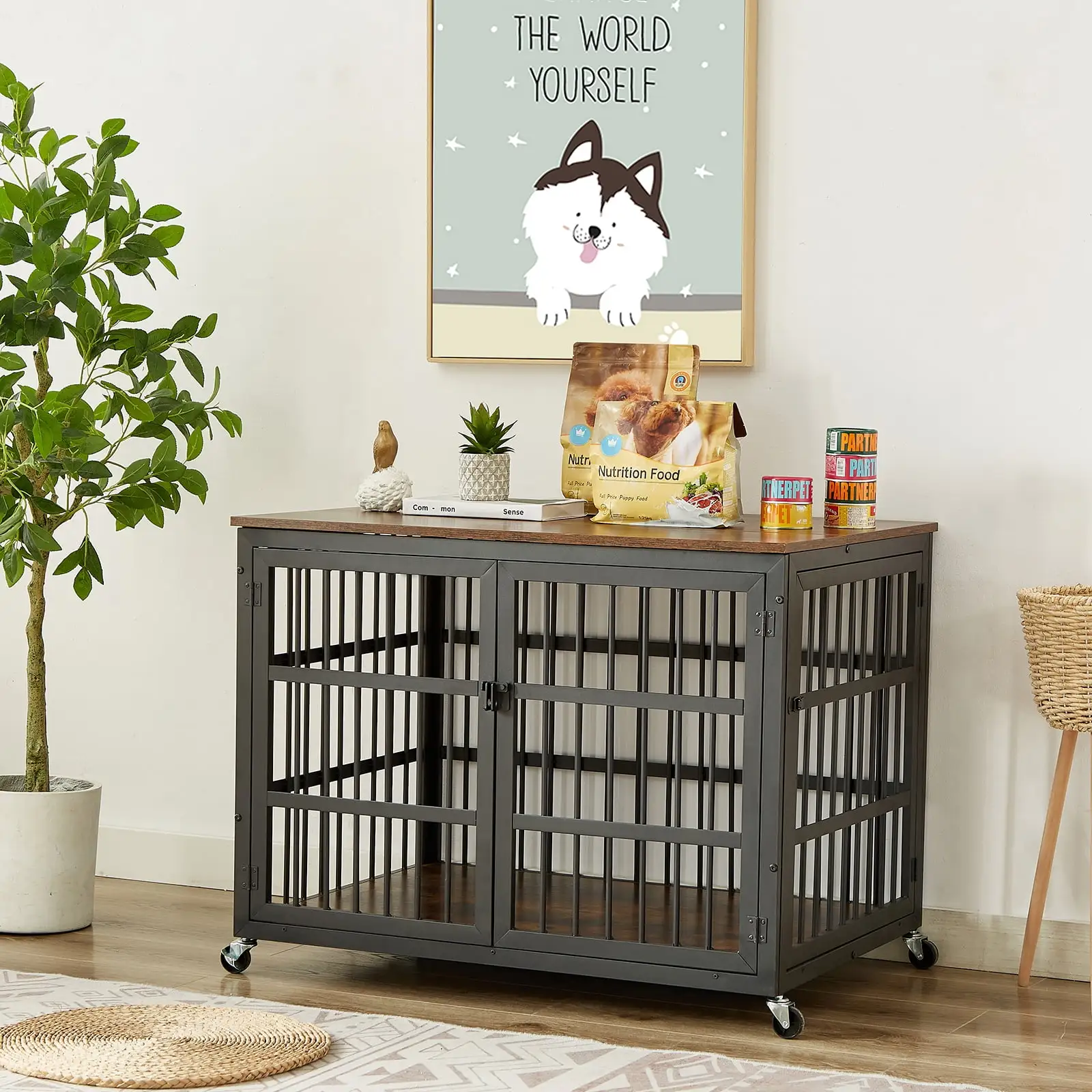 Fulvari Indoor Dog Kennel Dog Crates With Wheels Iron Frame And Tube Modern Furniture Style Dog Cage For Indoor 110.24x73.82x73.62