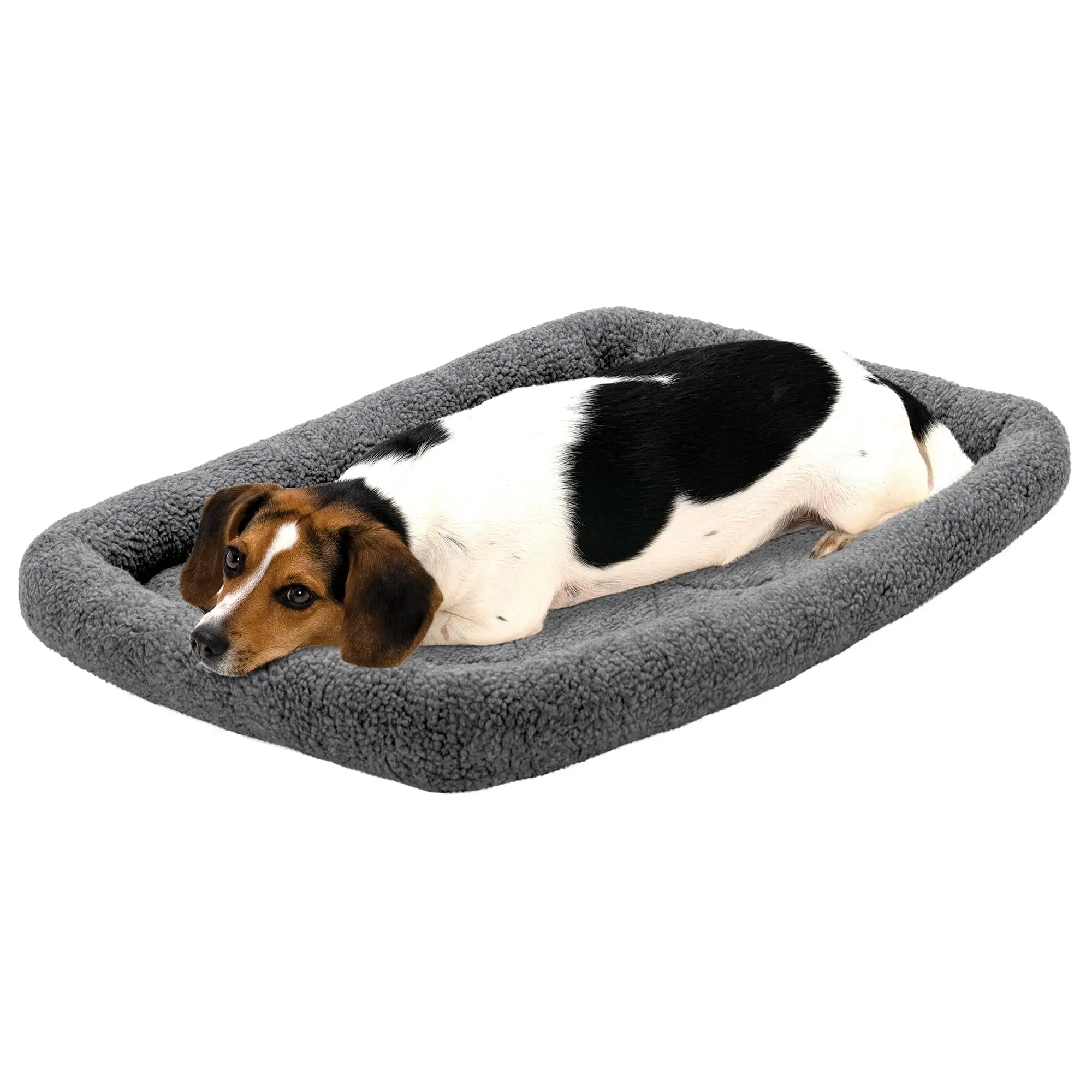 FurHaven Faux Lambswool Bolster Crate Pet Bed - Gray. Medium