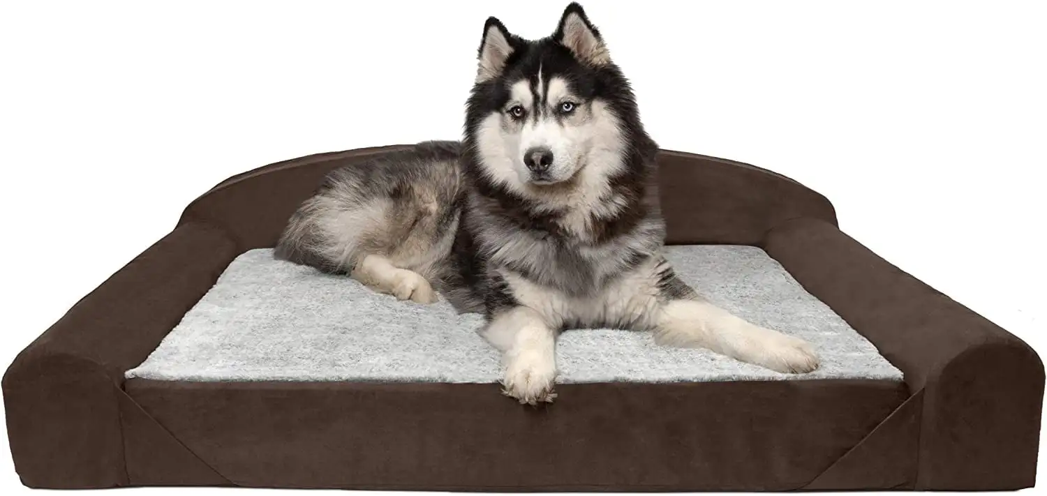 FurHaven | Orthopedic Faux Fur & Suede Luxury Edition Sofa Pet Bed for Dogs & Cats. French Roast. Jumbo