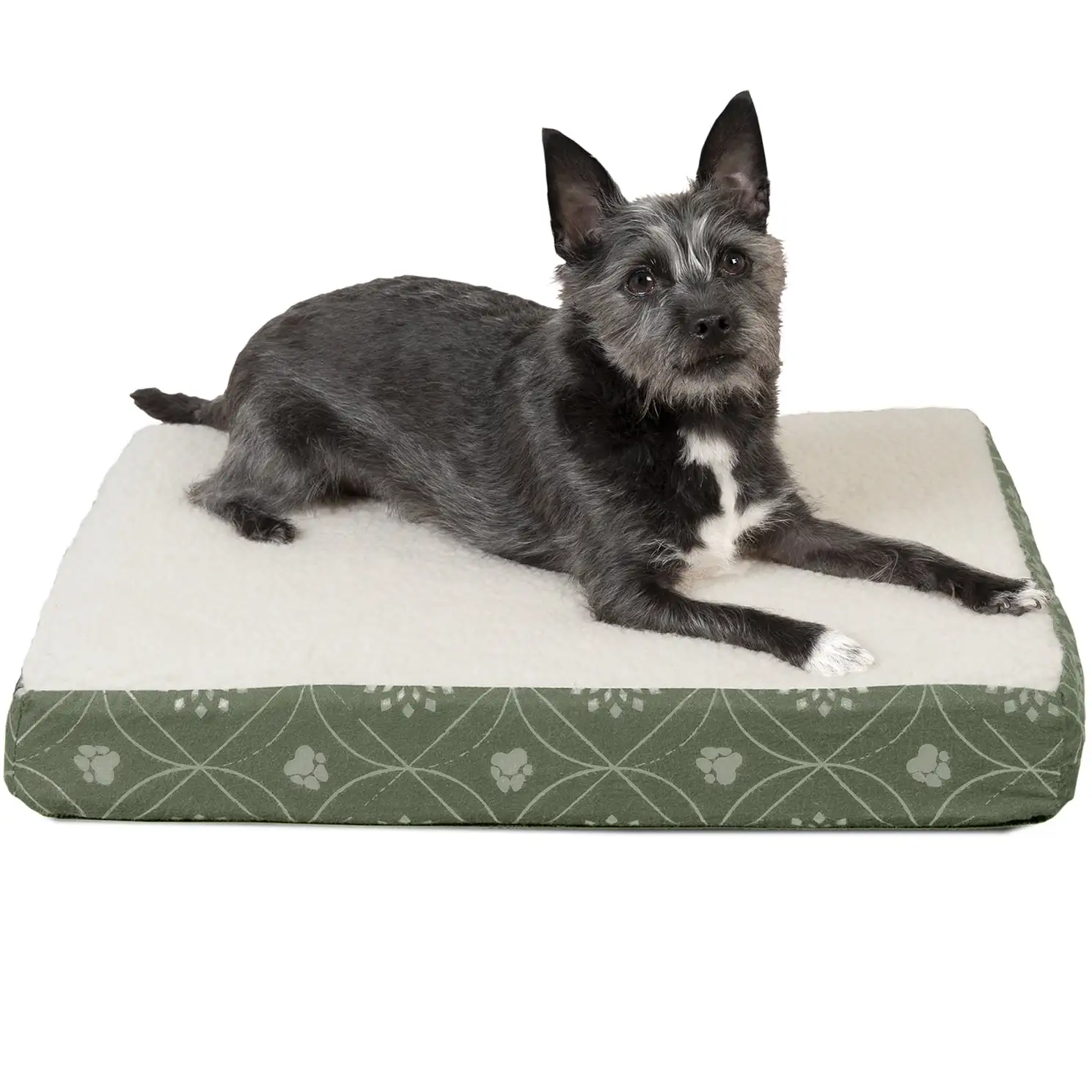 FurHaven Pet Dog Bed | Deluxe Orthopedic Faux Sheepskin & Flannel Paw Decor Print Mattress Pet Bed for Dogs & Cats. Jade Green. Small