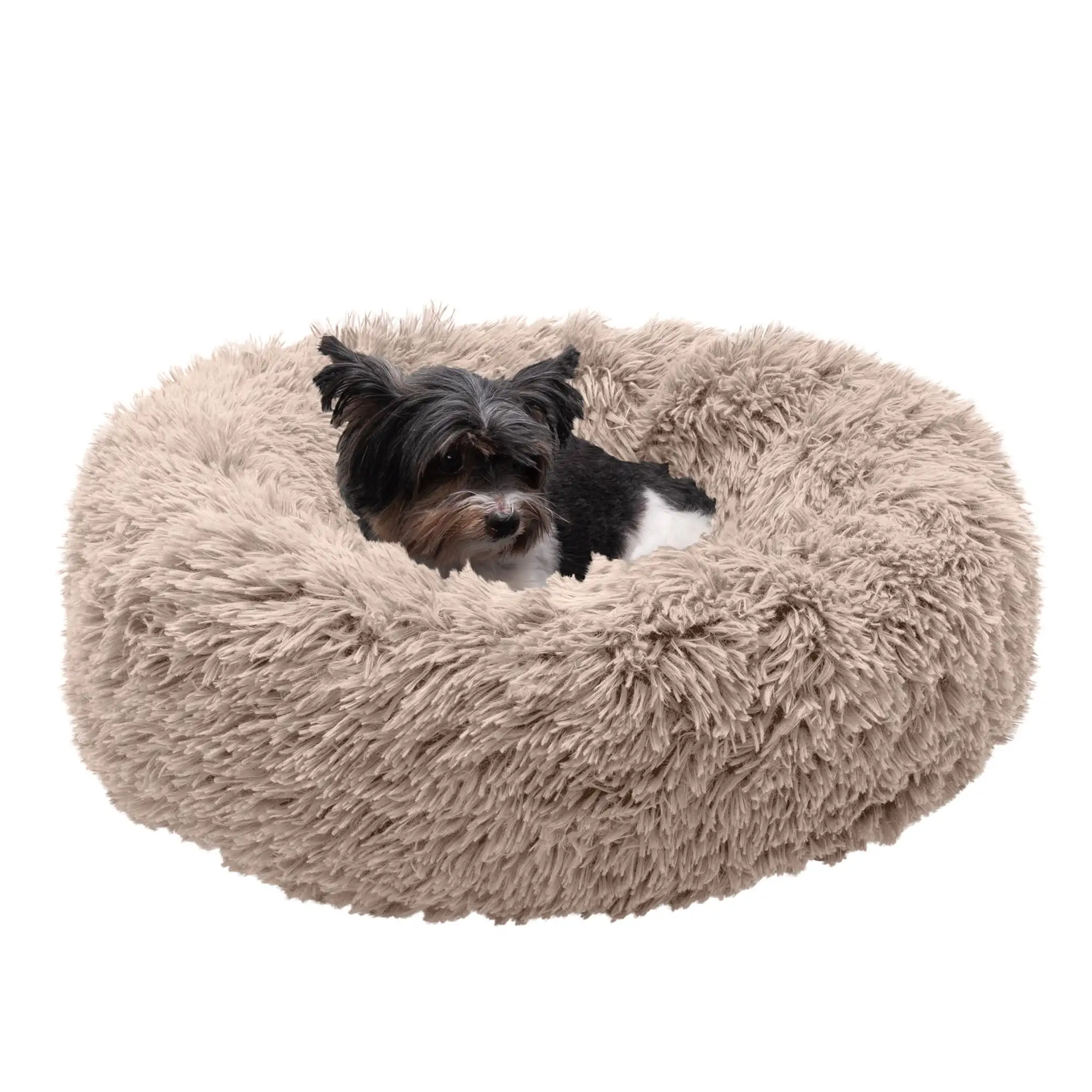 FurHaven Pet Products Calming Cuddler Long Faux Fur Donut Pet Bed for Dogs & Cats - Taupe. Small - 23