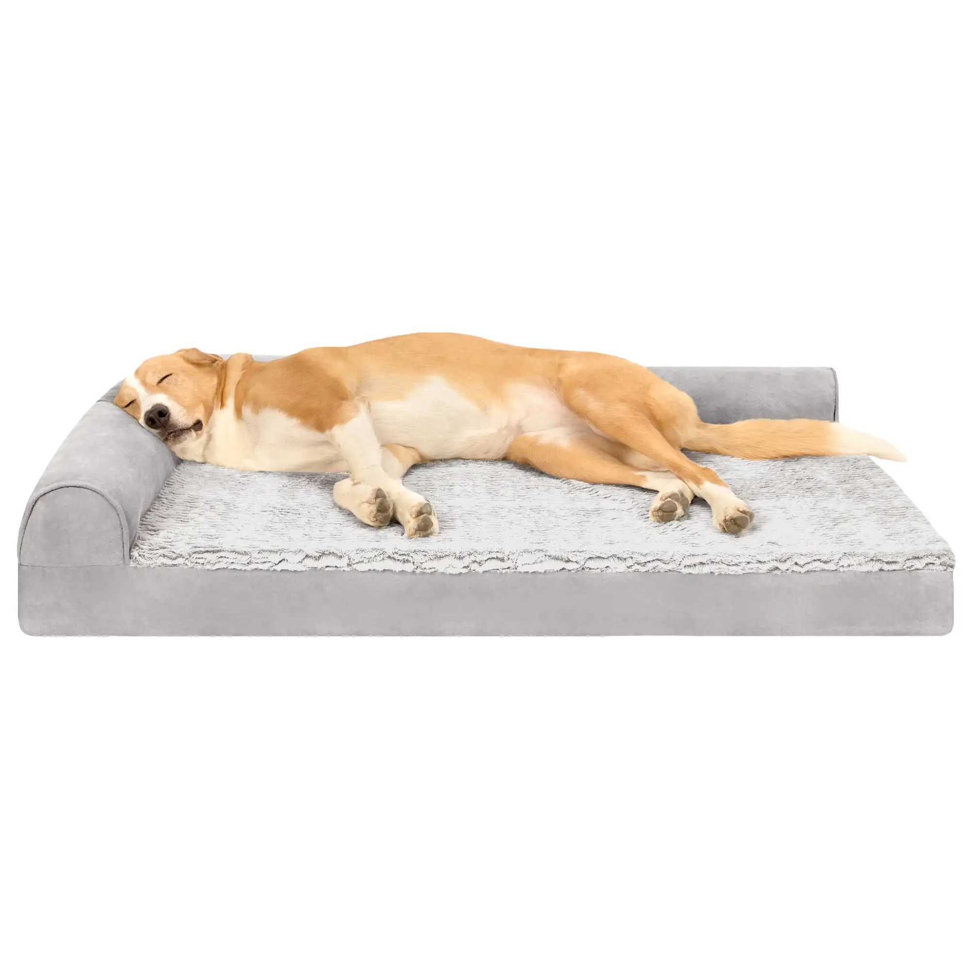 FurHaven Pet Products Embossed Faux Fur & Suede Orthopedic Deluxe L-Chaise Pet Bed for Dogs & Cats - Gray. Jumbo Plus