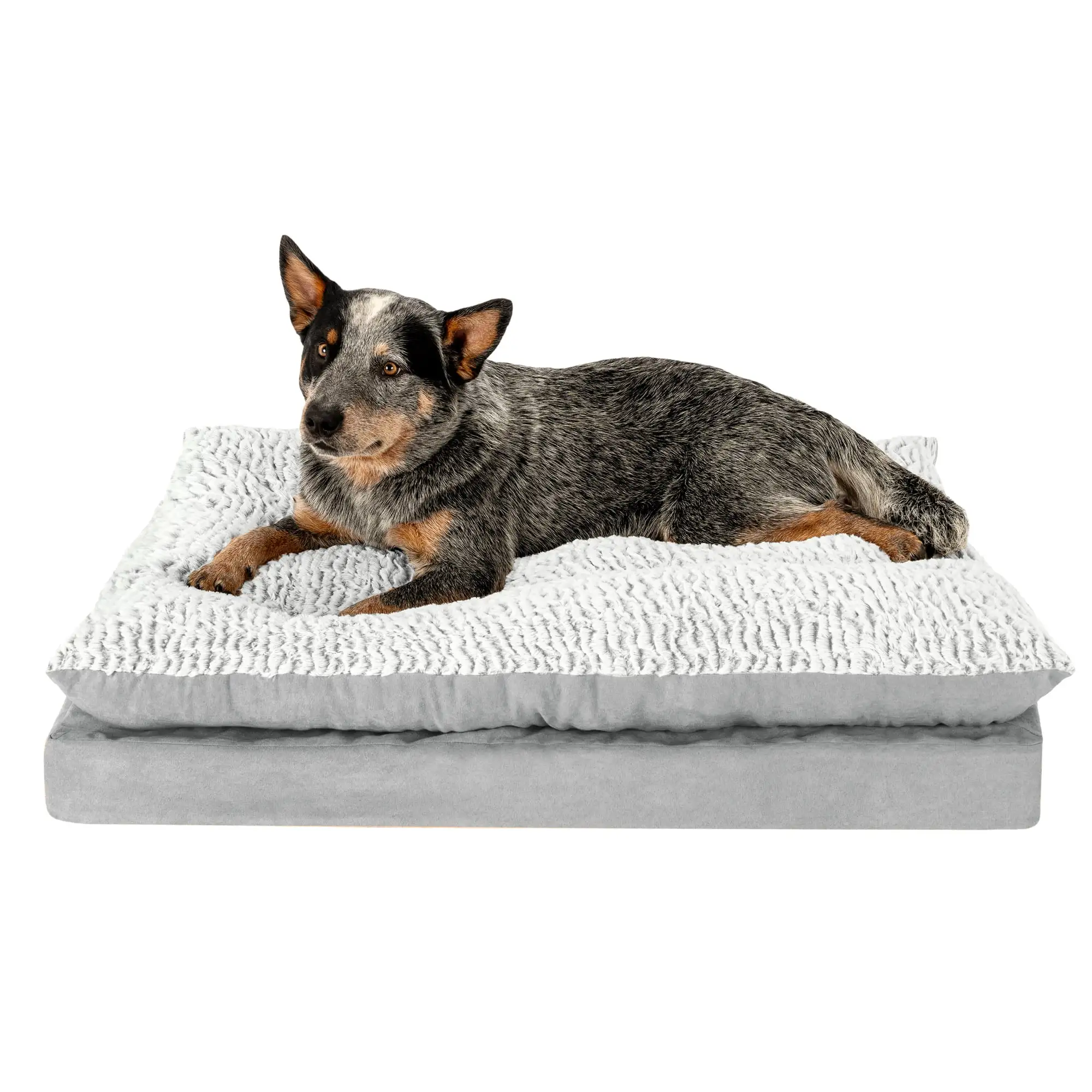 FurHaven Pet Products Embossed Faux Fur & Suede Orthopedic Pillow Top Mattress Pet Bed for Dogs & Cats - Gray. Large