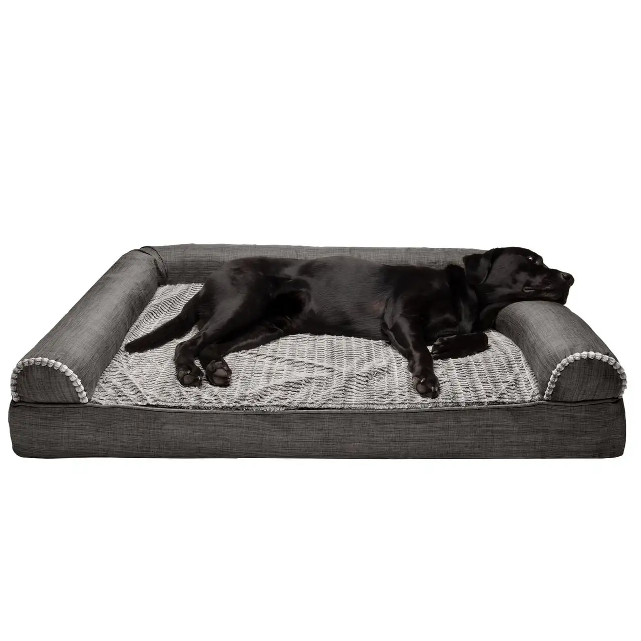 FurHaven Pet Products Luxe Fur & Performance Linen Orthopedic Sofa Pet Bed for Dogs & Cats - Charcoal. Jumbo Plus