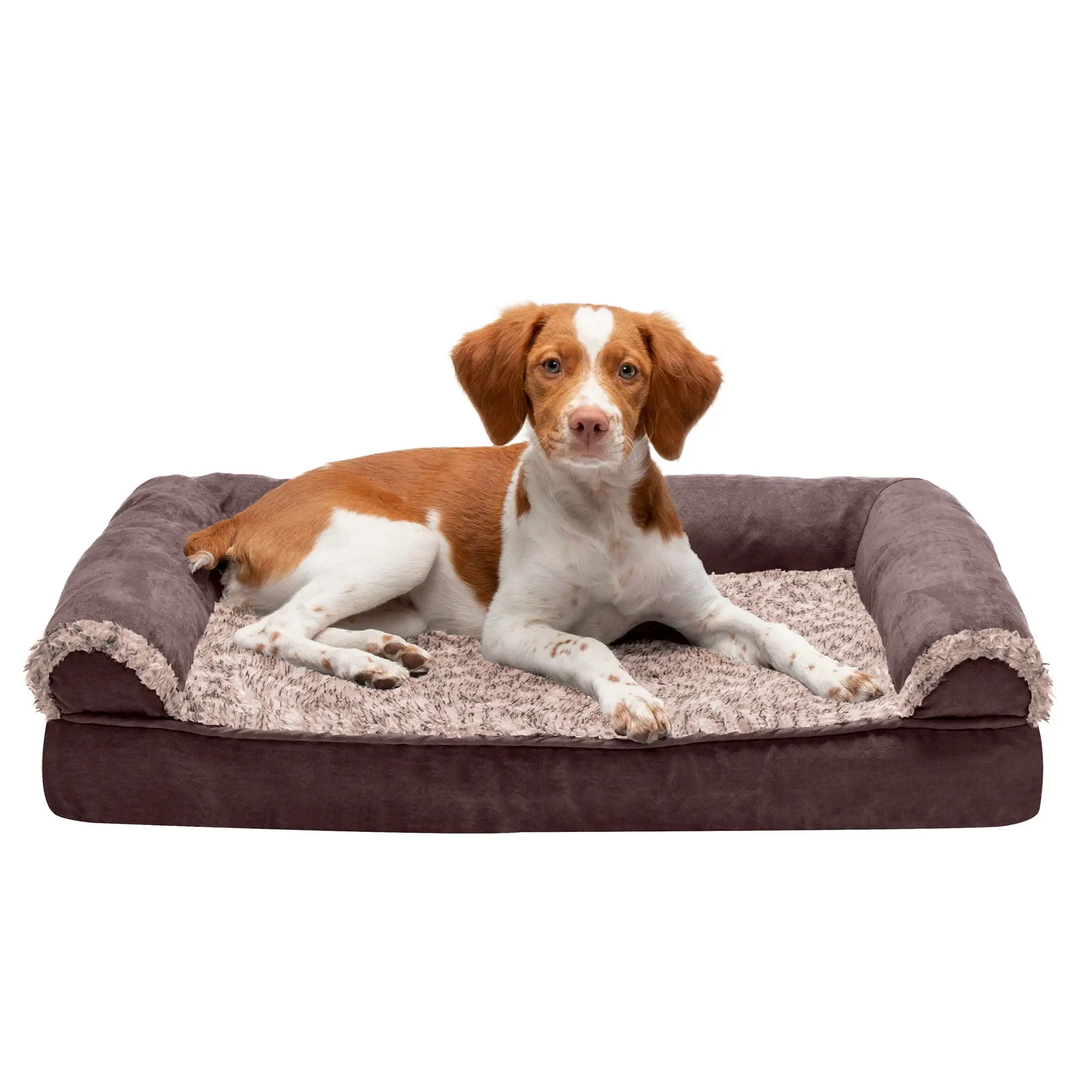 FurHaven Pet Products | Memory Foam Two-Tone Faux Fur & Suede Sofa-Style Couch Pet Bed for Dogs & Cats. Espresso. Medium