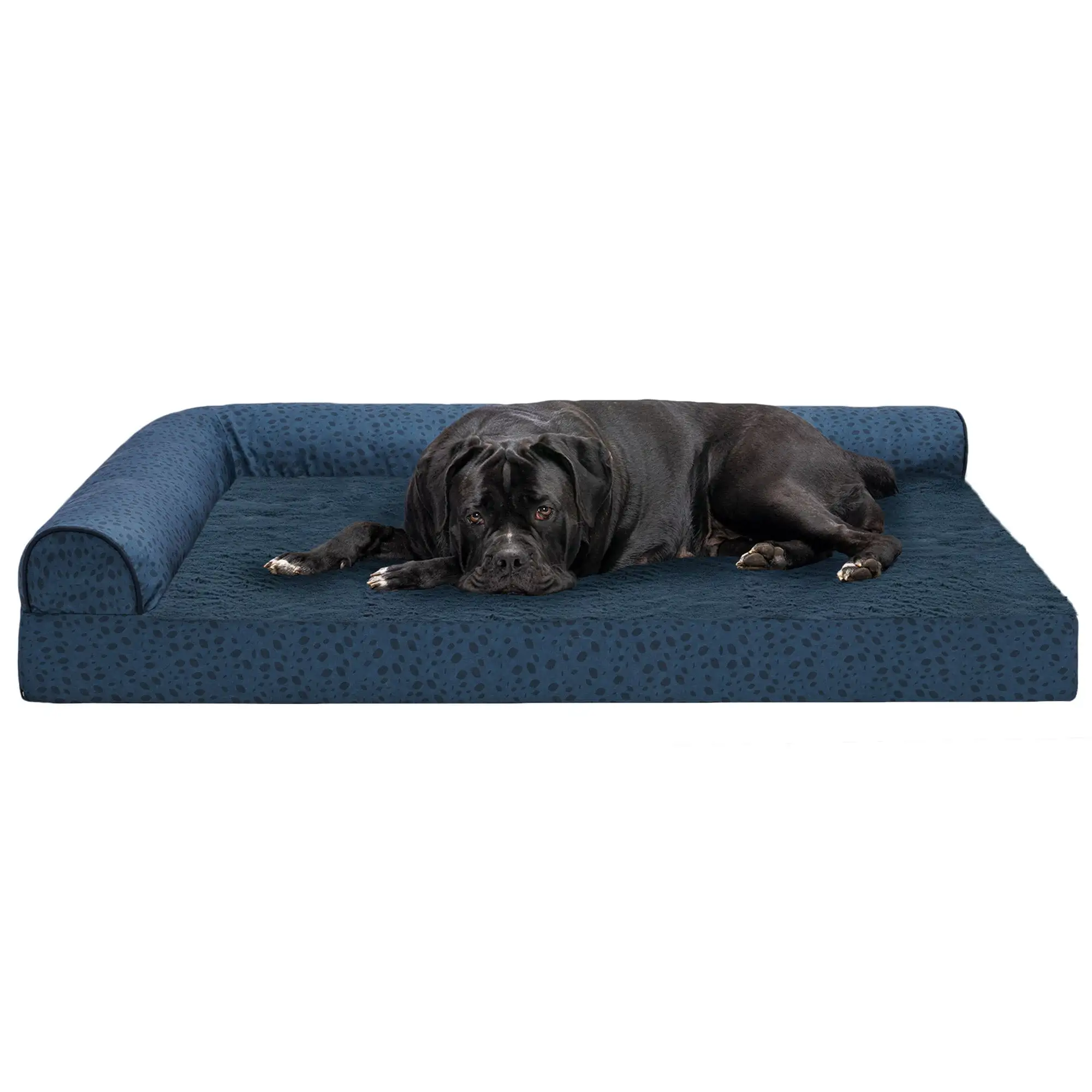 FurHaven Pet Products Plush Faux Fur & Almond Print Orthopedic Deluxe L-Chaise Sofa Pet Bed for Dogs & Cats - Blue Almonds. Jumbo Plus