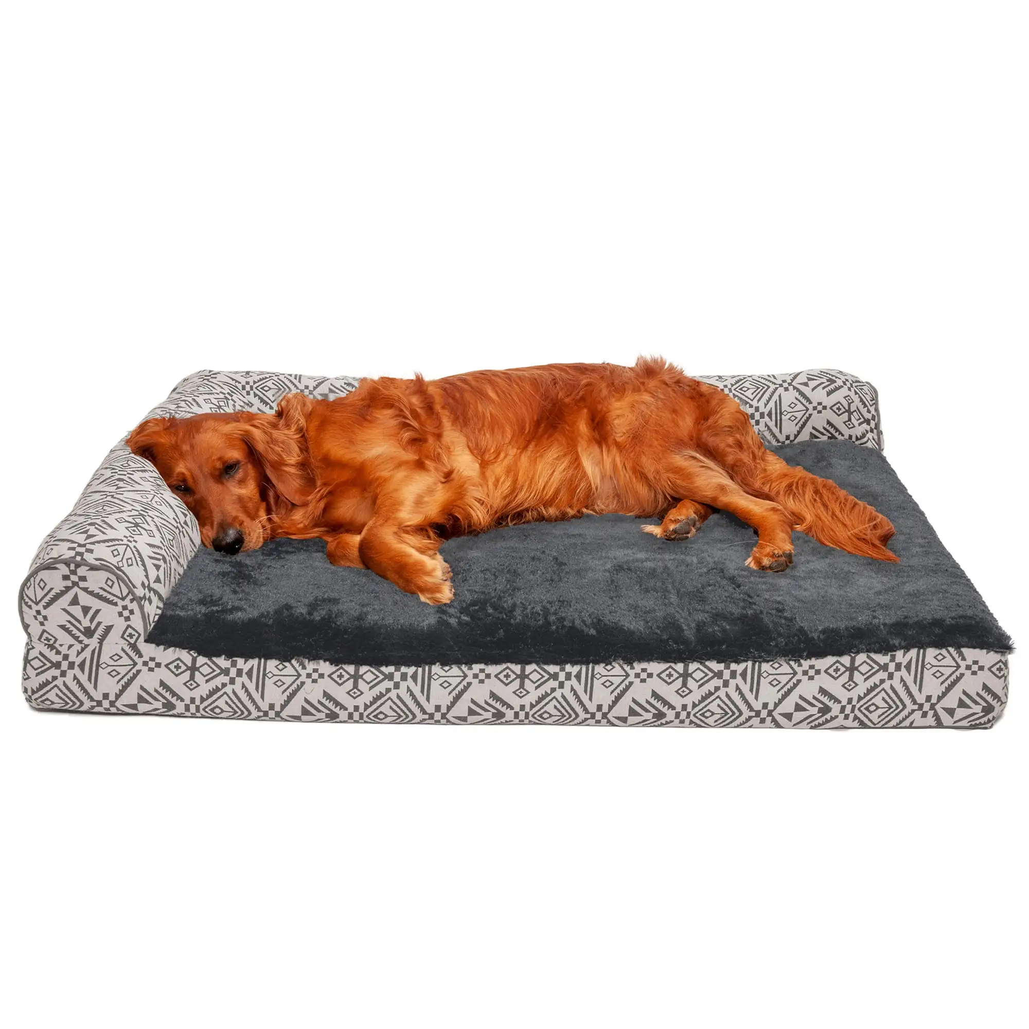 FurHaven Pet Products Southwest Kilim Cooling Gel Top Deluxe Chaise Lounge Pet Bed for Dogs & Cats - Boulder Gray. Jumbo