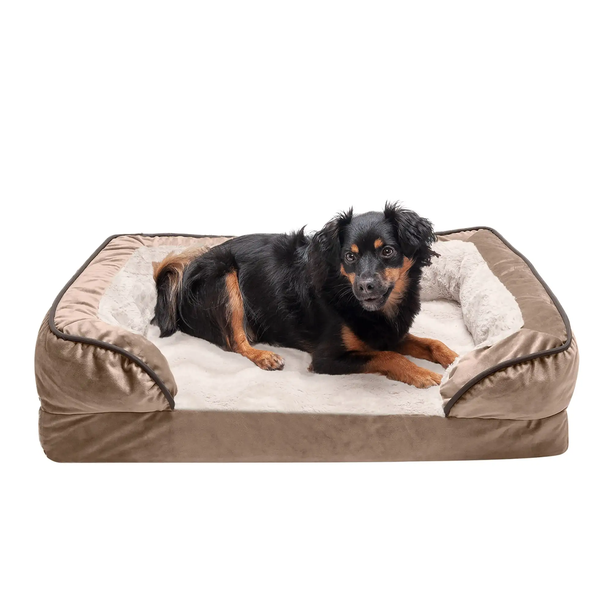 FurHaven Pet Products Velvet Waves Perfect Comfort Cooling Gel Top Sofa-Style Pet Bed for Dogs & Cats - Brownstone. Medium