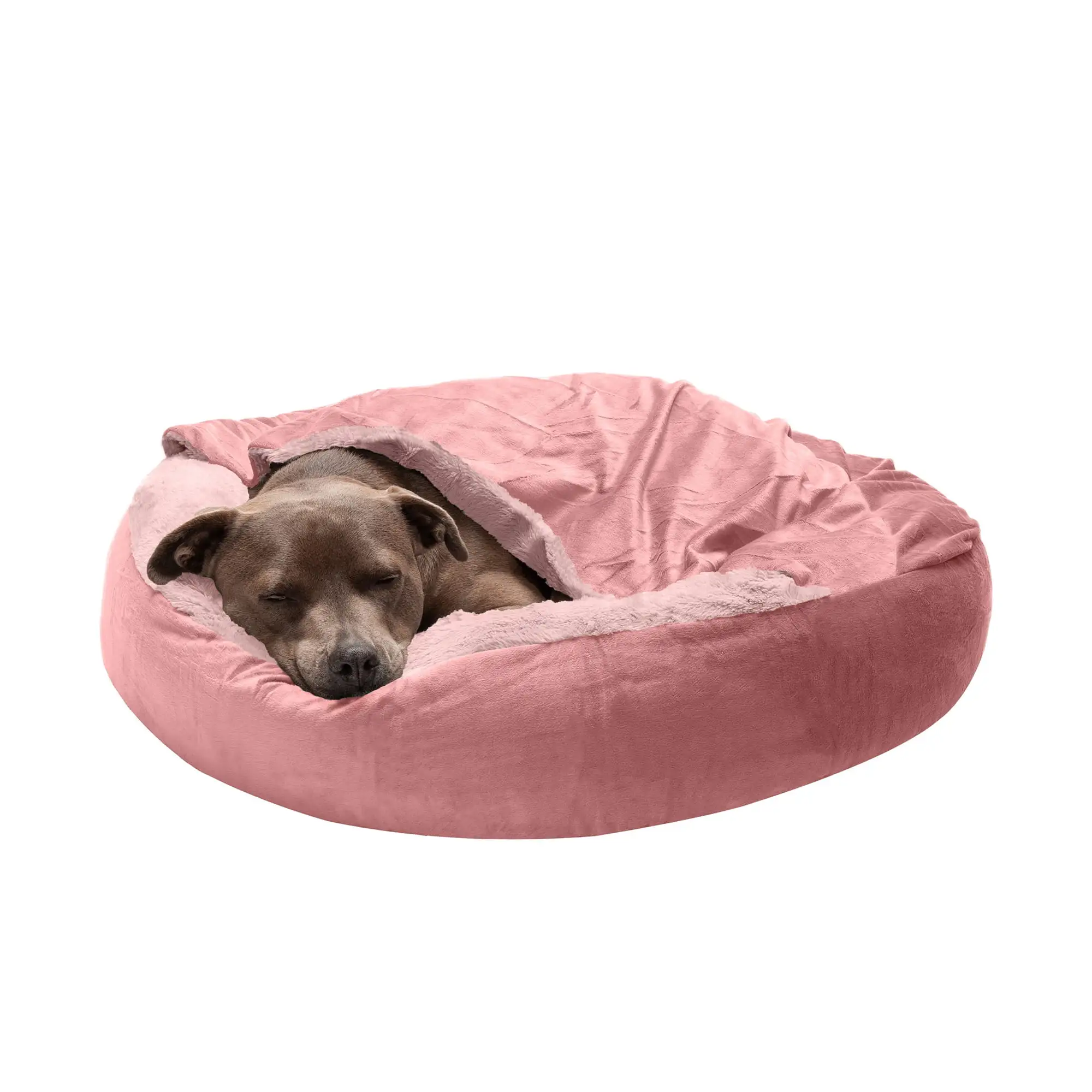 FurHaven Pet Products Wave Faux Fur & Velvet Hooded Donut Pet Bed for Dogs & Cats - Rose Pink. Medium