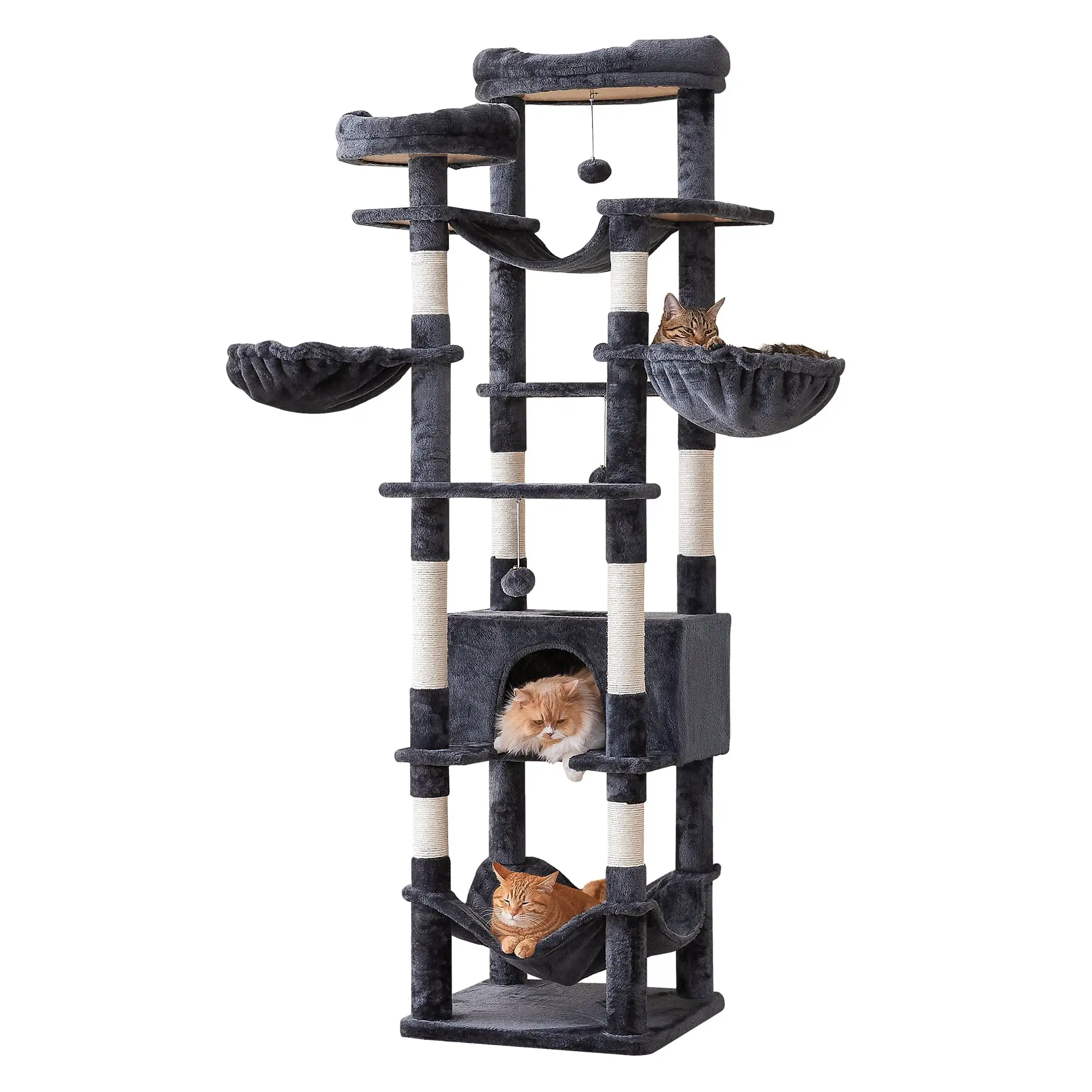 Furcato 77-Inch Cat Tree for Indoor Cats. Multi-Level Large Cat Tower with 4 Hammocks. 2 Padded Perches. Large Cat Condo. Dark Gray