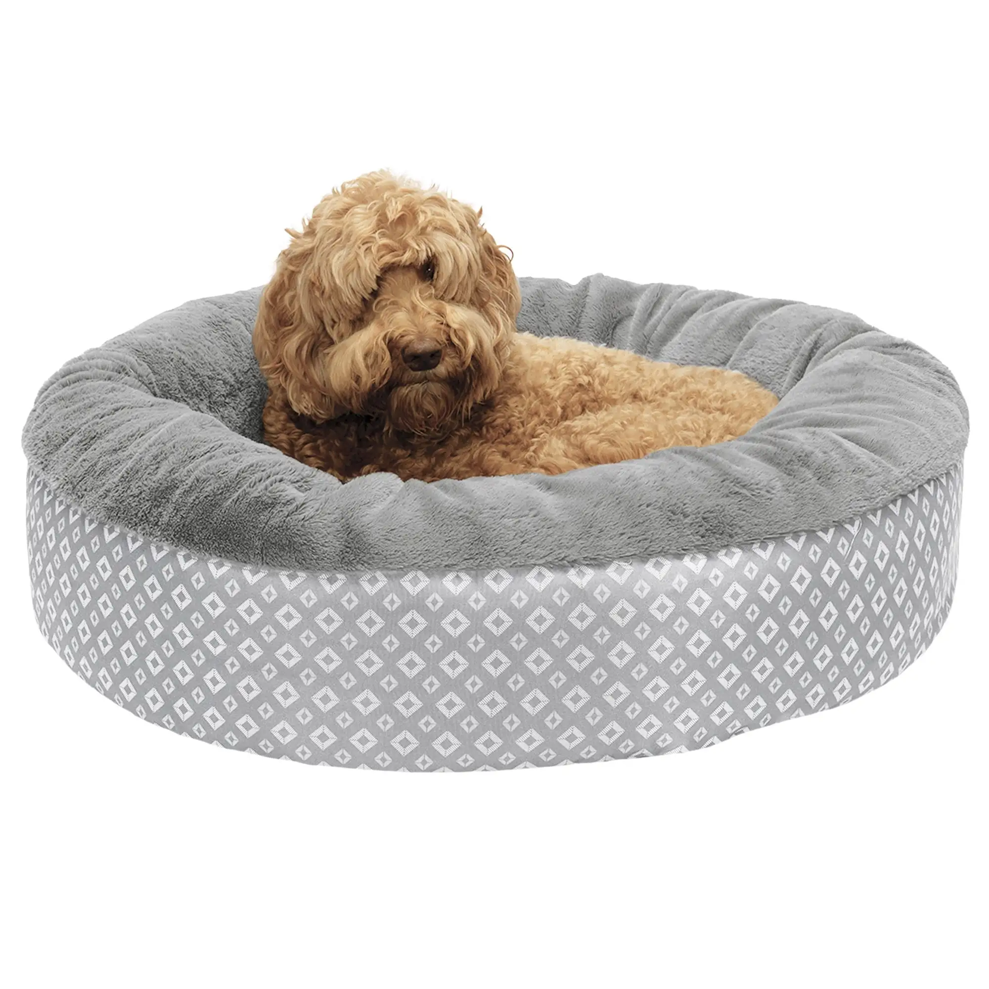 Furhaven Pet Products Plush & Diamond Print Calming Donut Pet Bed - Gray. Large