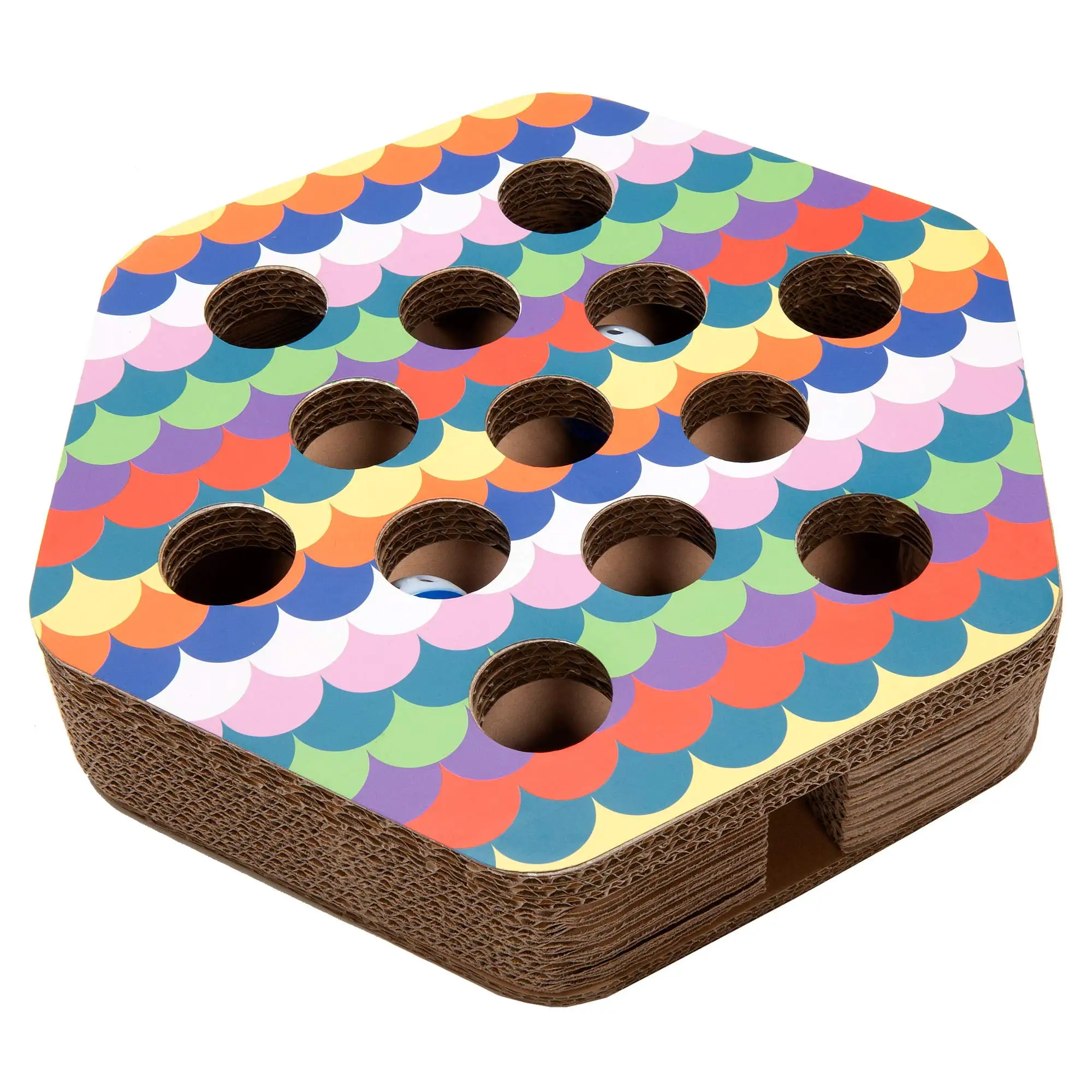 Furhaven Scratching Pad Ball Track Cat Toy w/ Catnip for Indoor Cats - Hexagonal Busy Box Scratcher - Rainbow Scales. One Size