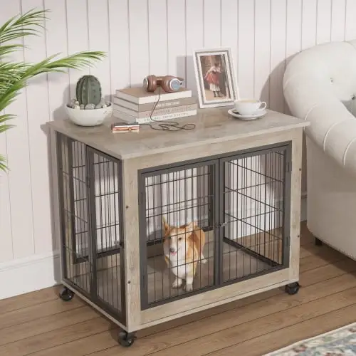 Furniture Dog Cage Crate with Double Doors on Casters. Gray. 31.50'' W x 22.05'' D x 24.8'' H