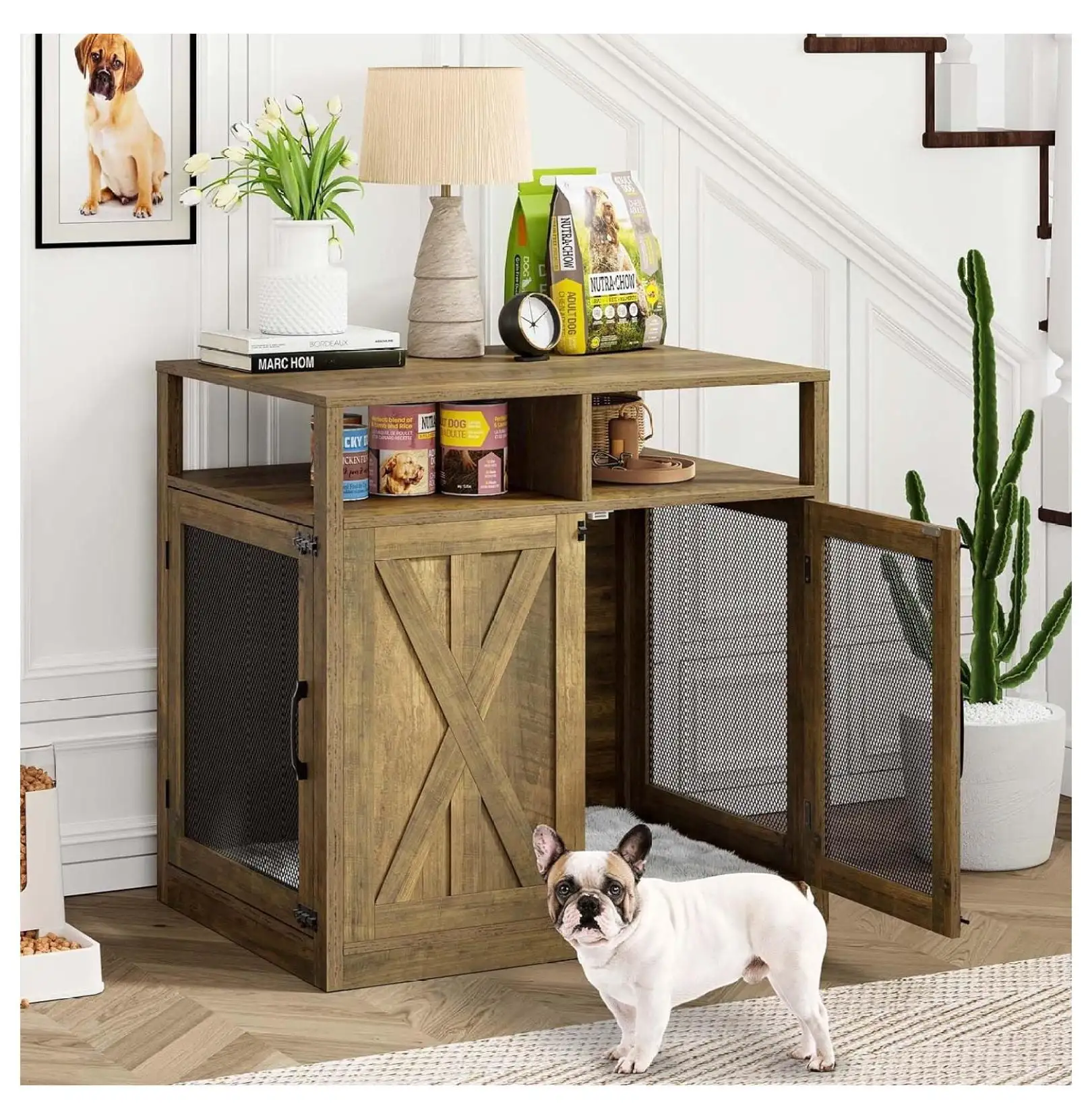 Furniture Dog Crate for Medium Dogs.Dog Kennel End Table with 2 Storage Shelf .Large End Side Table Nightstand for Dog House .Wooden Farmhouse Double Doors Corner Pet Crate for Small Dogs.Indoor Use