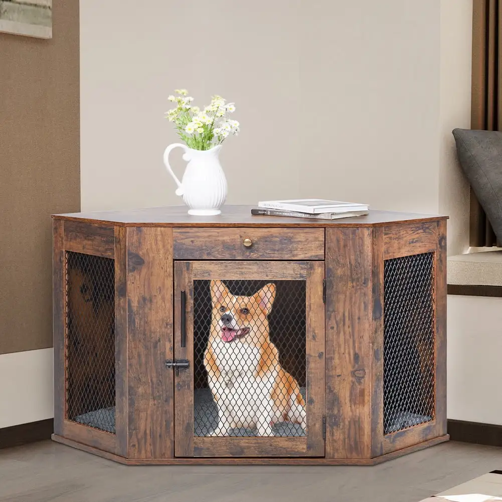 Furniture Style Corner Dog Crate with Drawers for Small Medium Dogs. Indoor Aesthetic Puppy Kennel TV Stand. Modern Decorative Wood Pet House End Side Table Nightstand