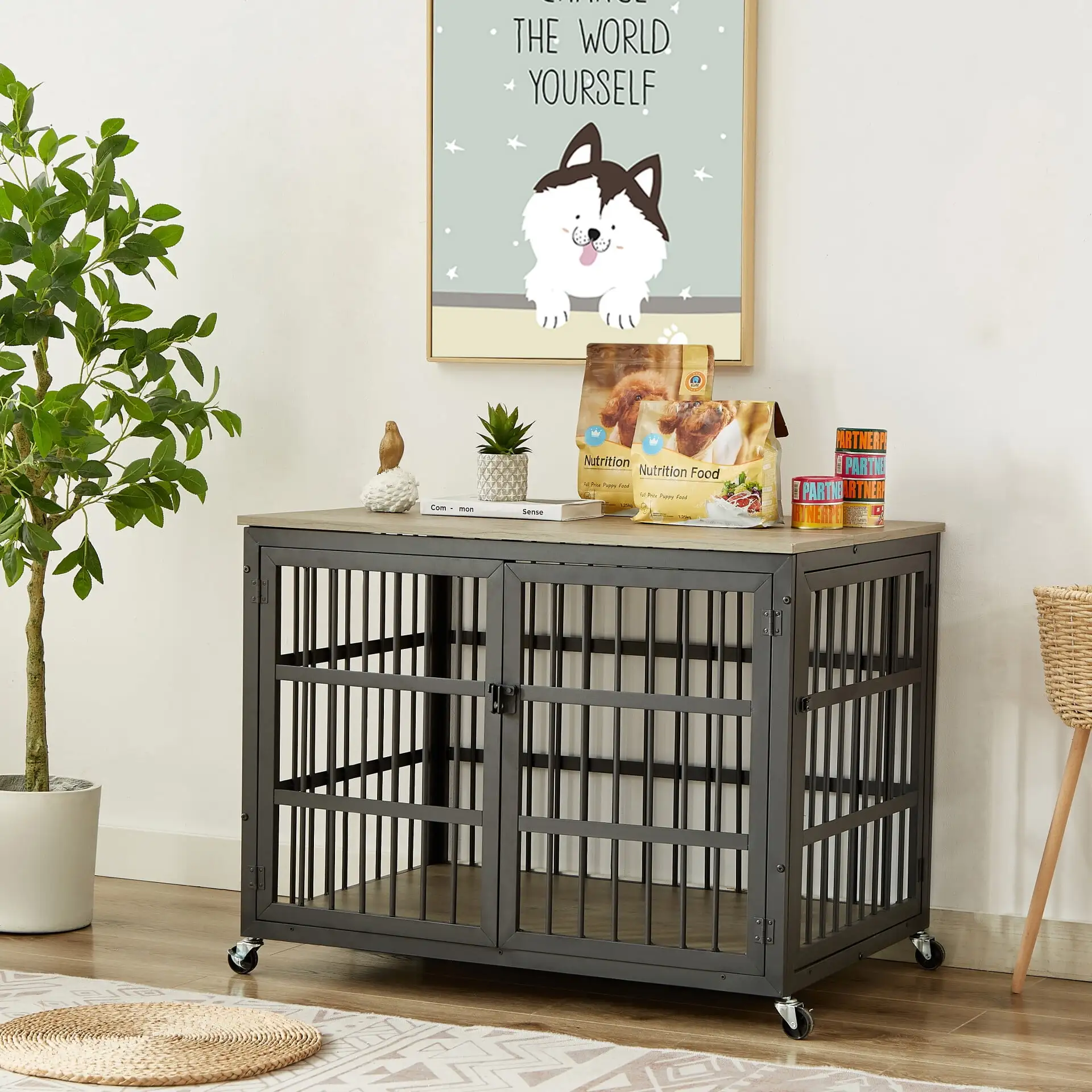 Furniture Style Dog Crate. Moveable Dog Cage Table with Wrought Iron Frame. Flip-Top Lid and Side Openings for Small and Medium Dog. Grey. 38.4''W x 27.7''D x 30.2''H