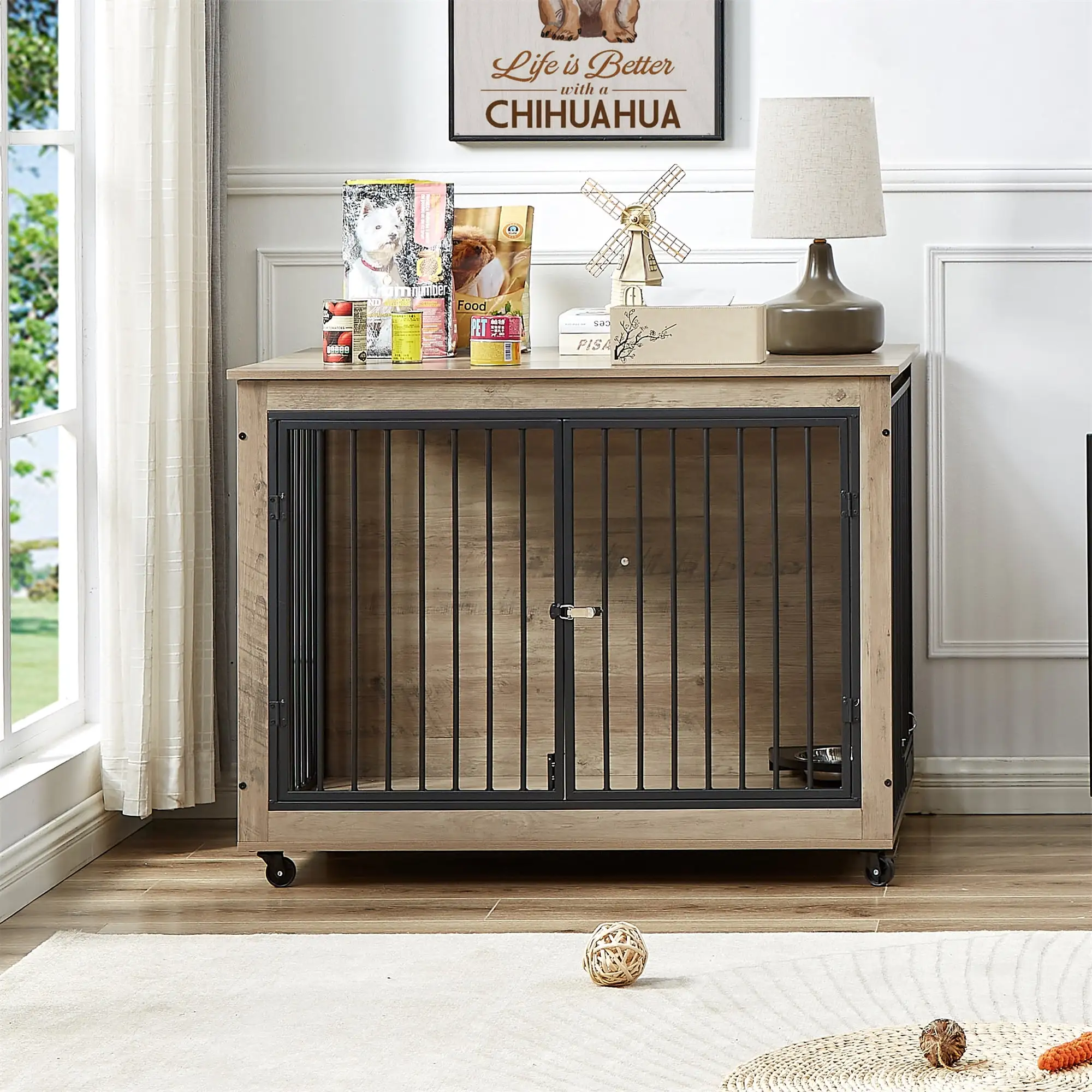 Furniture Style Dog Crate cage Side Table w/ Rotatable Feeding Bowl. Wheels. Three Doors. Dog kennel Flip-Up Top Opening. Rustic Grey. 43.7W x 30D x 33.7H.Gray