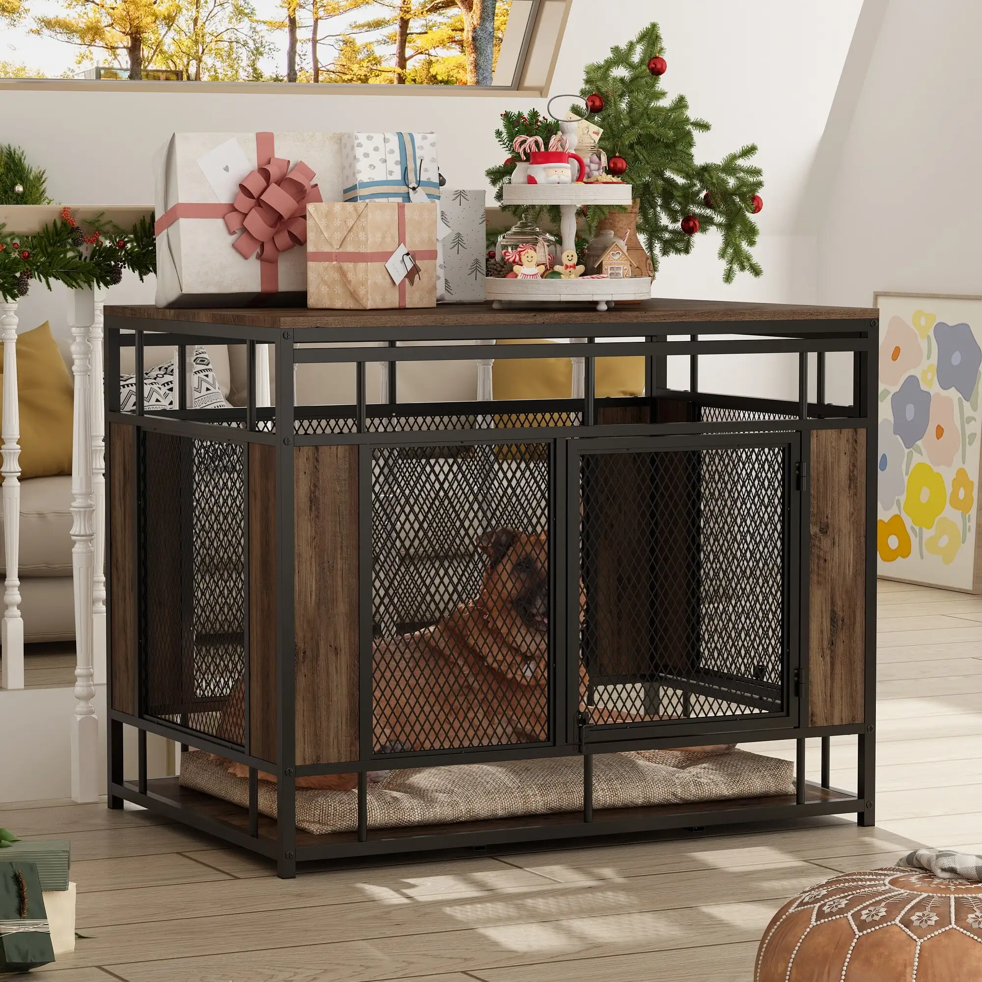 Furniture Style Dog Crate with metal mesh.Medium Dog Kennel Crate Wood+Black