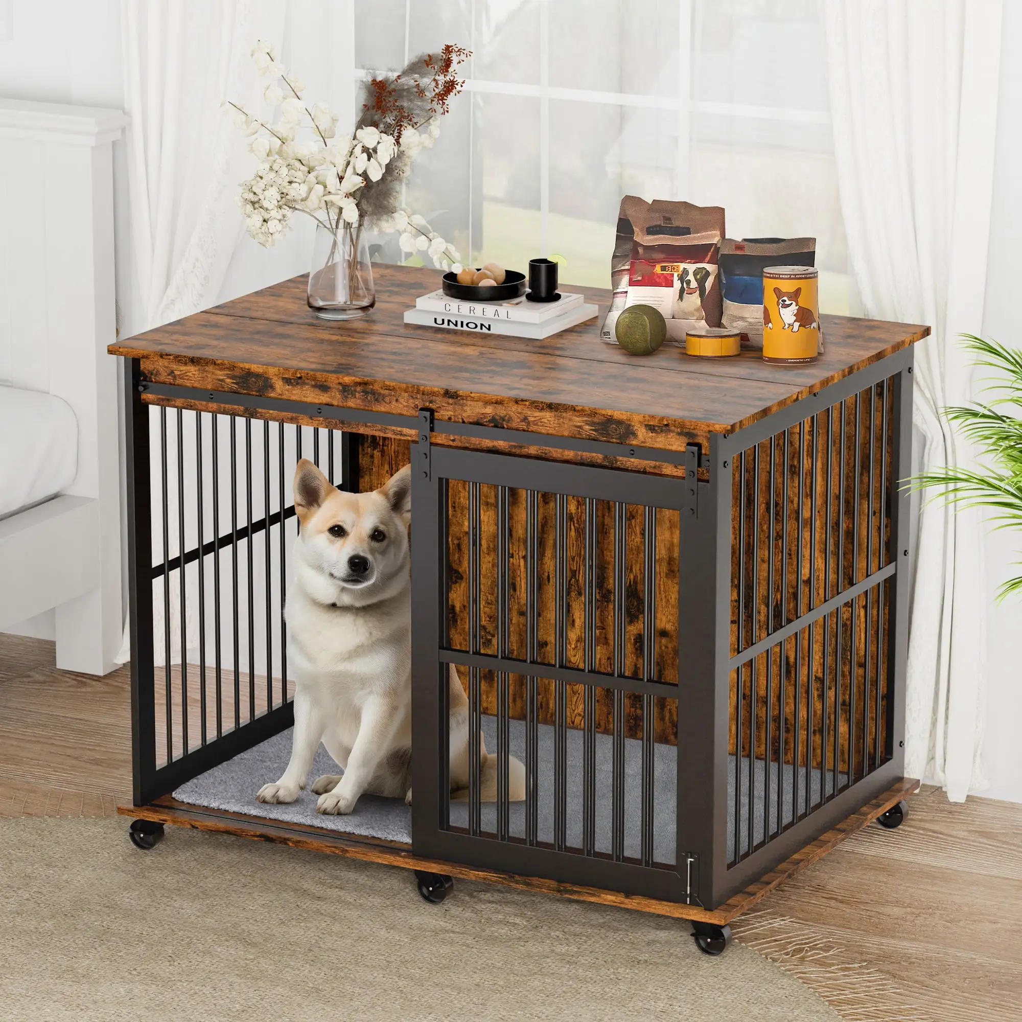 Furniture Type Dog Cage Sliding Iron Door Wheels And Mat Top Can Be Opened And Closed Interior 40''x28''x30''