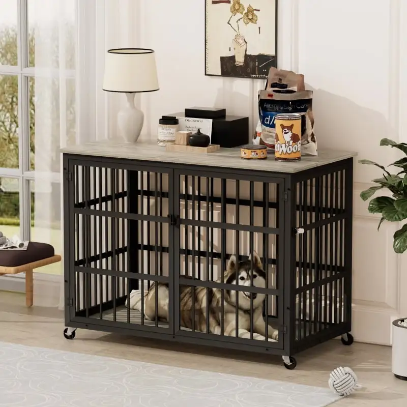 Furniture style dog crate wrought iron frame door with side openings. Grey. 43.3''W x 29.9''D x 33.5''H.