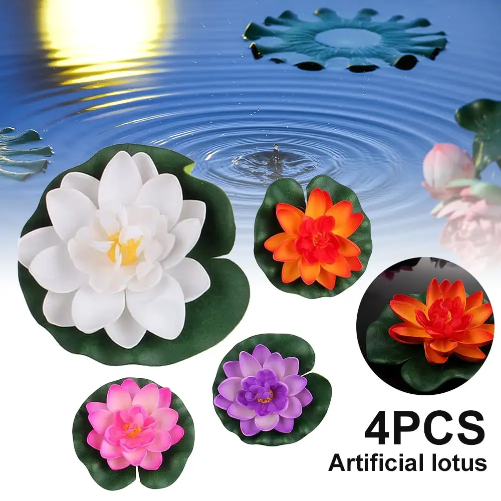 Fyeme 4Pcs Artificial Lotus Flowers Water Lily Pad Floating Aquarium Pond Plants Ornament for Home Garden Outdoor Patio