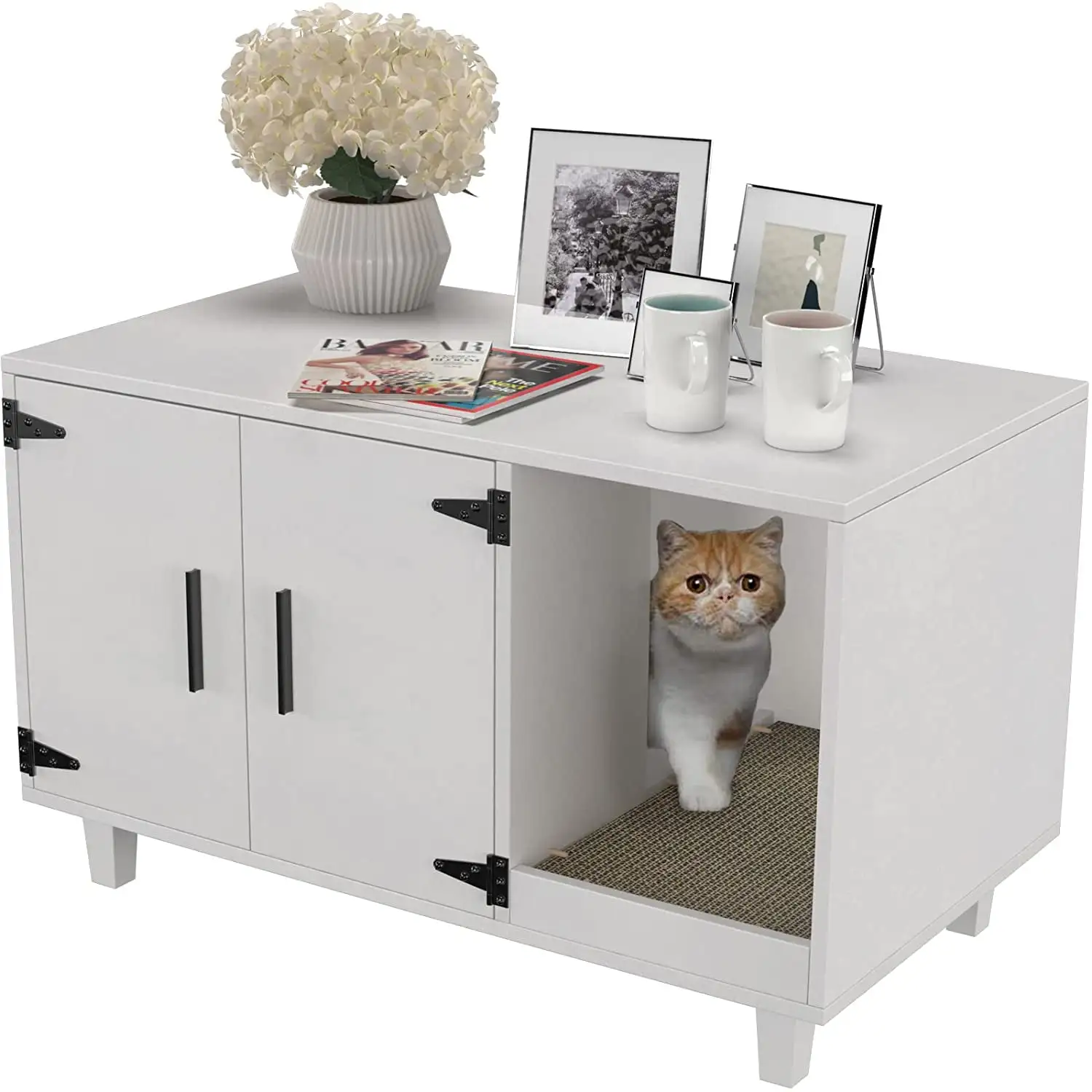 GDLF Pet Crate Cat Washroom Hidden Litter Box Enclosure as Table Nightstand with Scratch Pad.Stackable