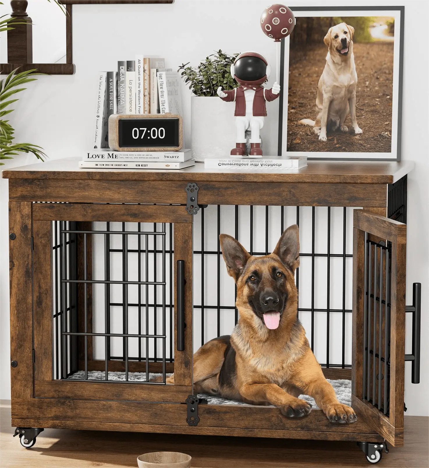 GIKPAL 32 Inch Padded Dog Crate. 2 Door Wooden Wheels. Indoor Dog House for Small and Medium Dogs