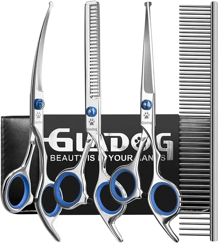 Professional 5 in 1 Dog Grooming Scissors Set with Safety Round Tips. Sharp and Durable Pet Grooming Shears for Cats