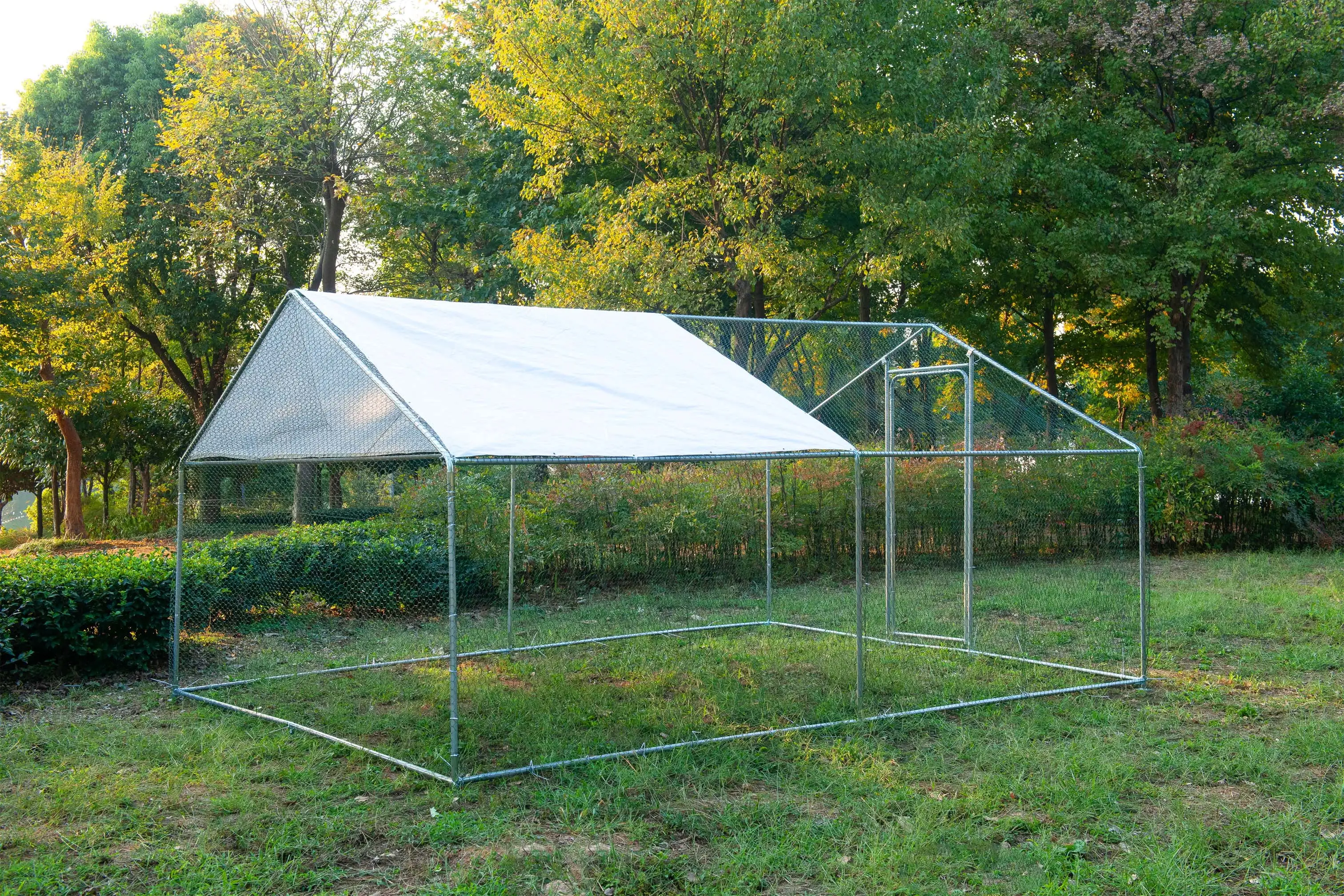 GOJOOASIS Large Metal Chicken Run. 10x10x6.6ft Spire-Top White Outdoor Chicken Pen Waterproof & Anti-UV Cover