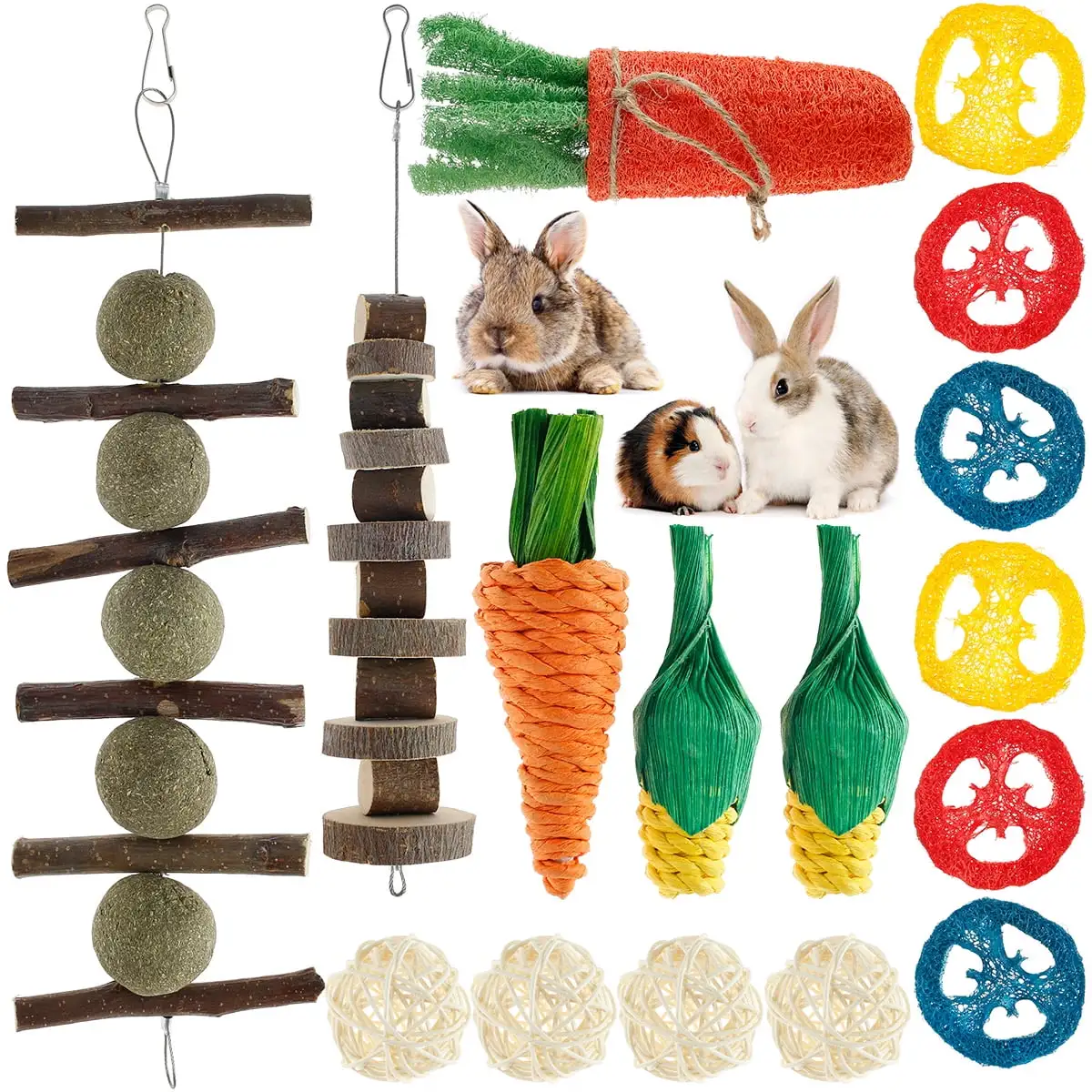 GUSTVE Rabbit Chew Toys. Pet Bunny Tooth Chew Toys Organic Natural Wood Grass Ideal for Bunny. Chinchilla. Guinea Pigs. Hamsters Teeth Grinding