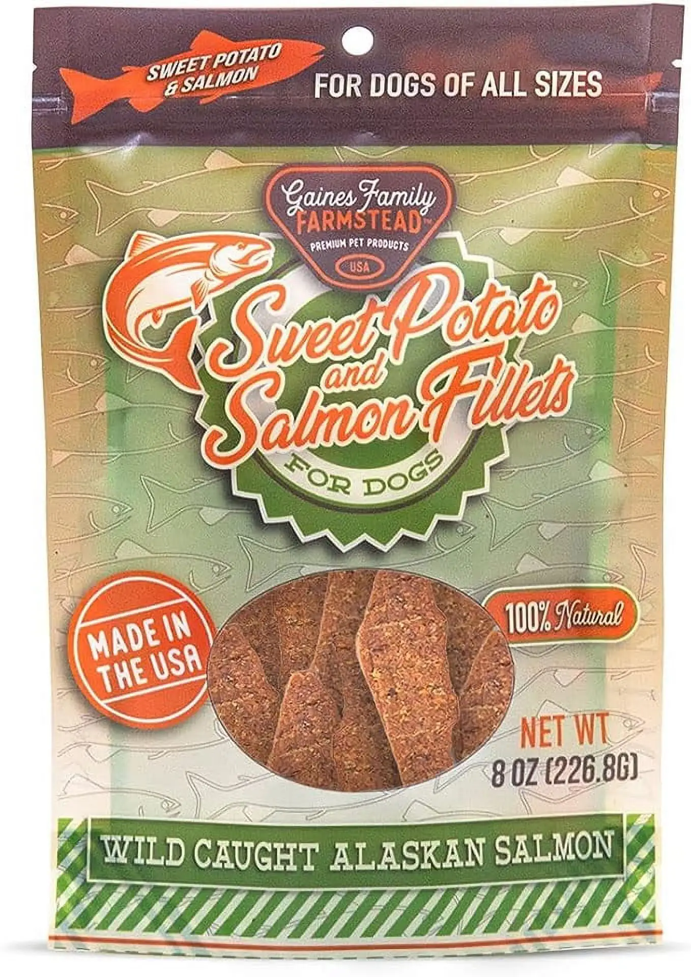 Gaines Family Farmstead Sweet Potato and Salmon Fillets. All-Natural. Grain Free. Dog Treats for All Ages & Breeds. Made in The USA (8 oz. Bag)